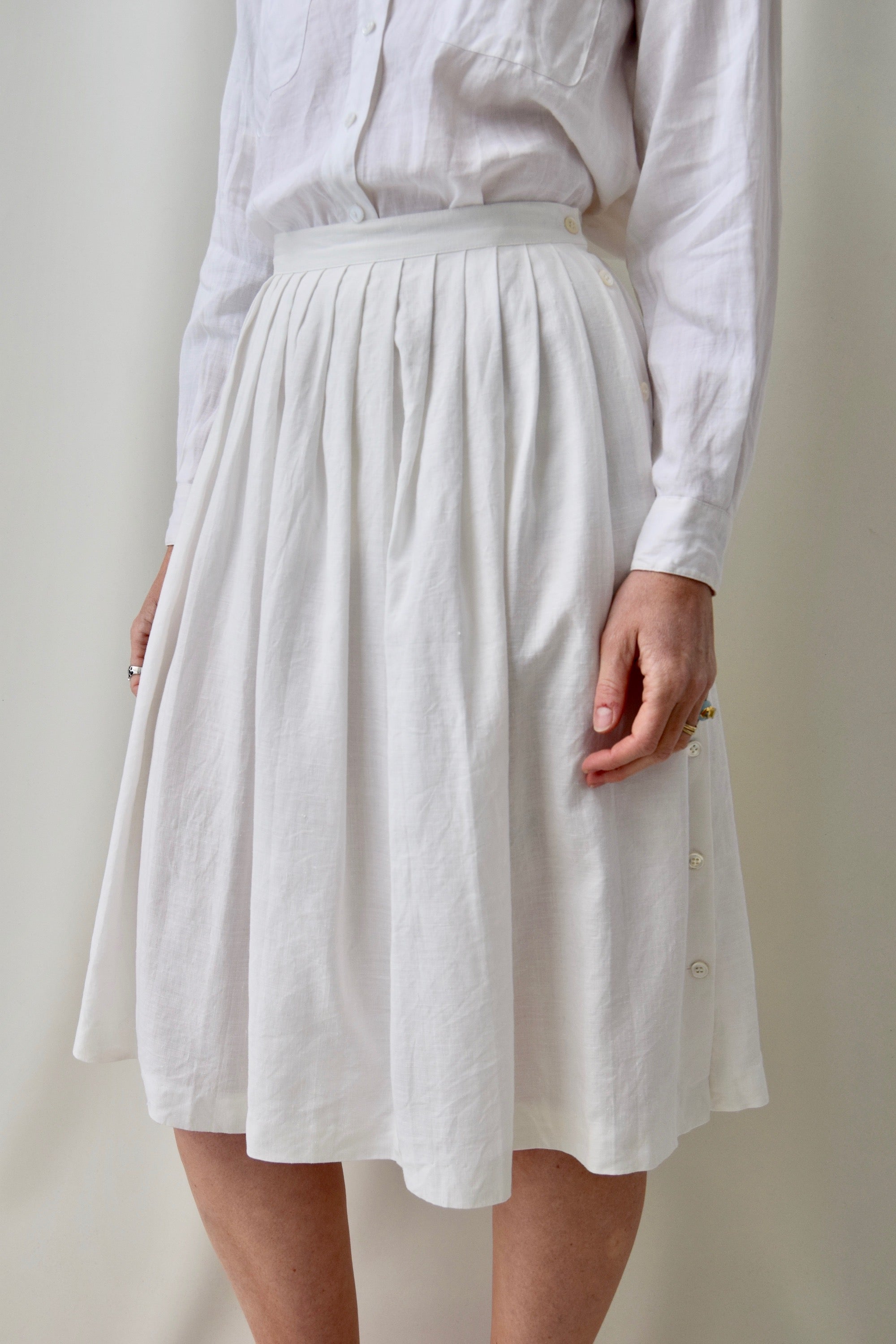 Crisp White Linen Pleated Skirt