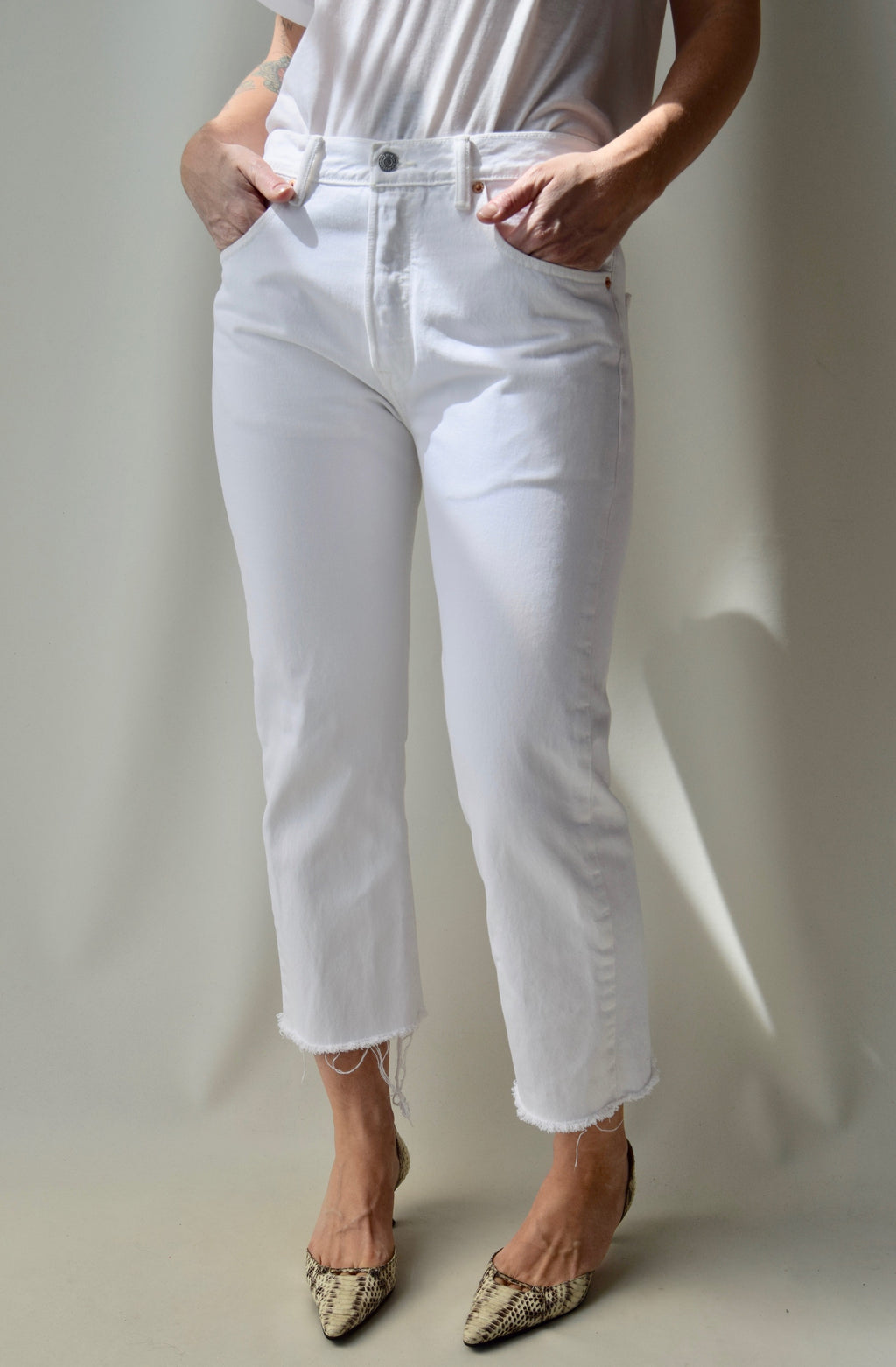 Levis 501 White Raw Hem Jeans