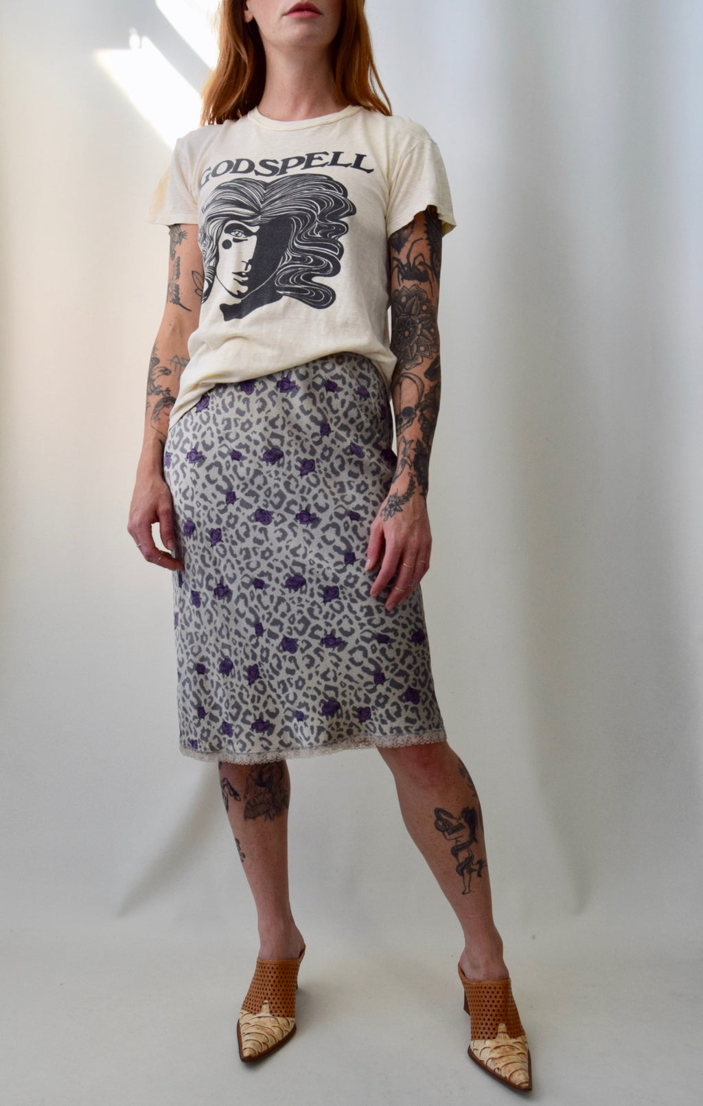 Leopard and Rose Print Silk Skirt