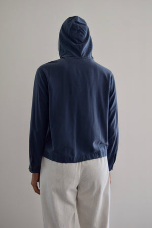 Dusty Blue Raw Silk Hooded Button Up Top
