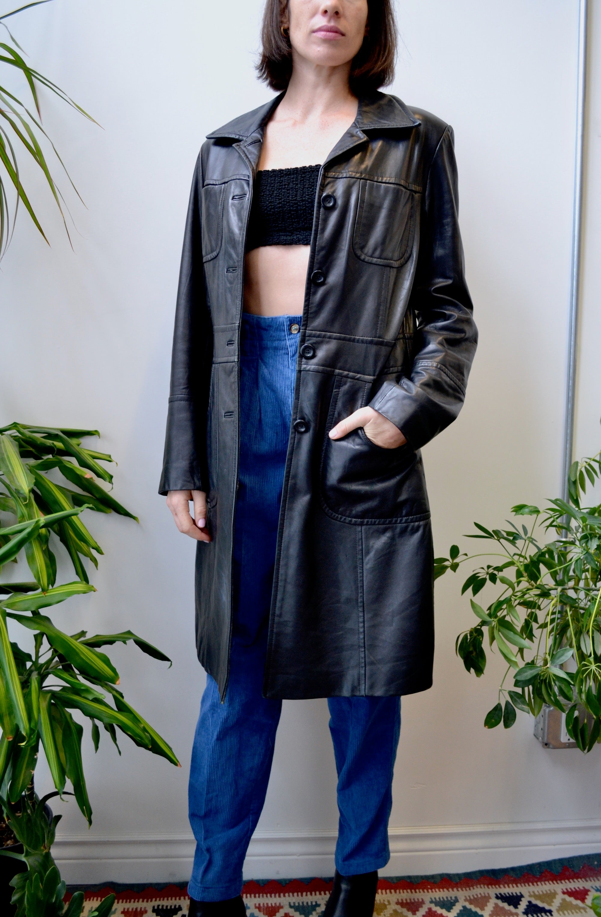 Black Leather Mid Trench