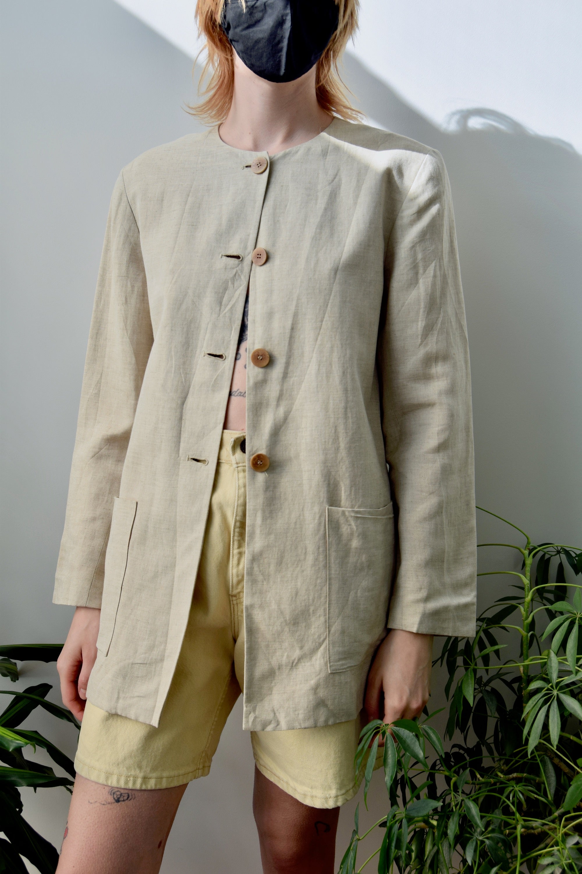 Collarless Tan Linen Blazer