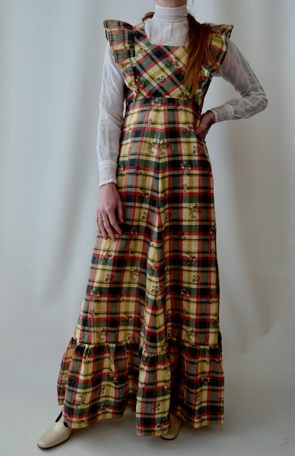 Vintage 70s Plaid Ruffle Flower Design Maxi Dress