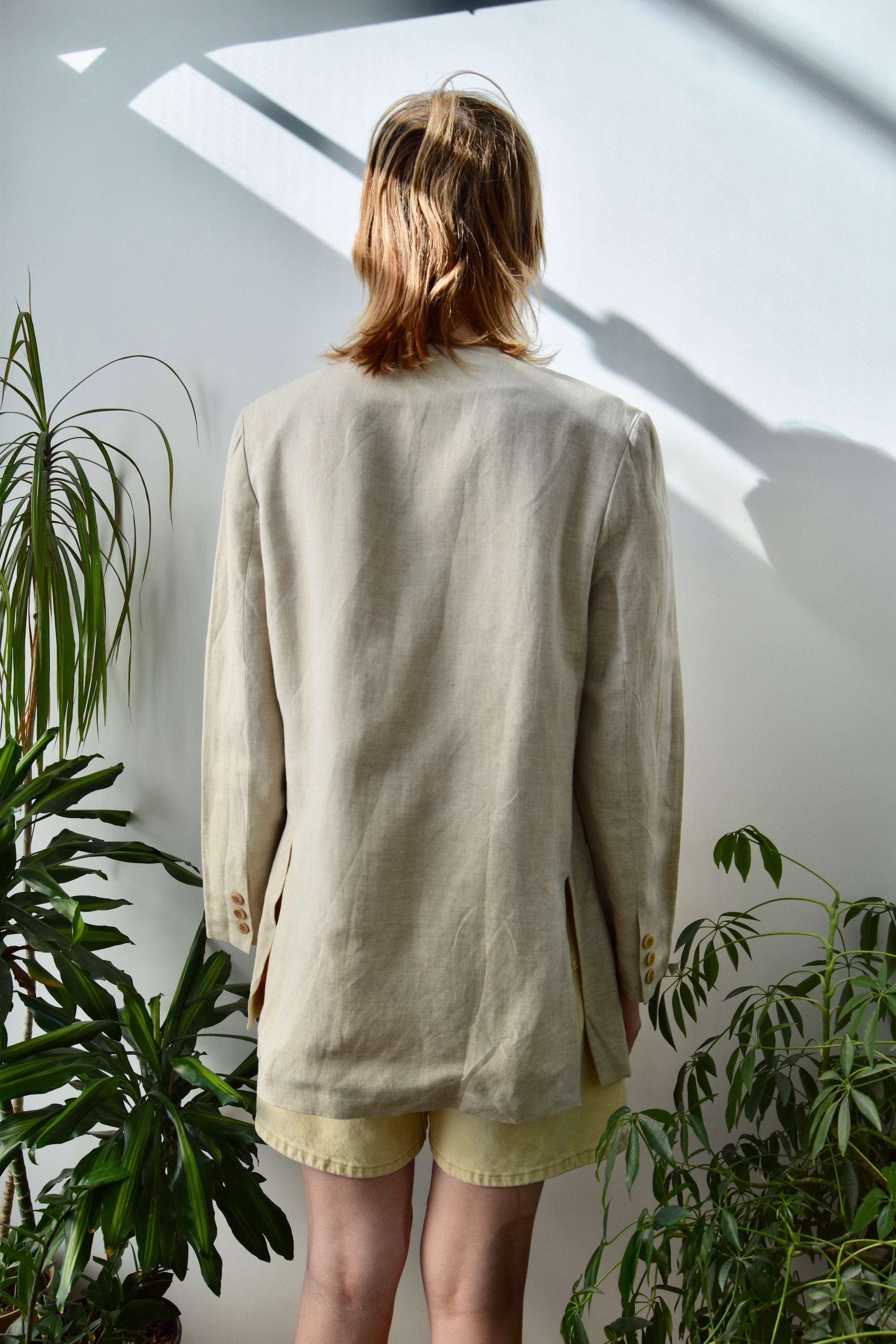 Collarless Tan Linen Blazer