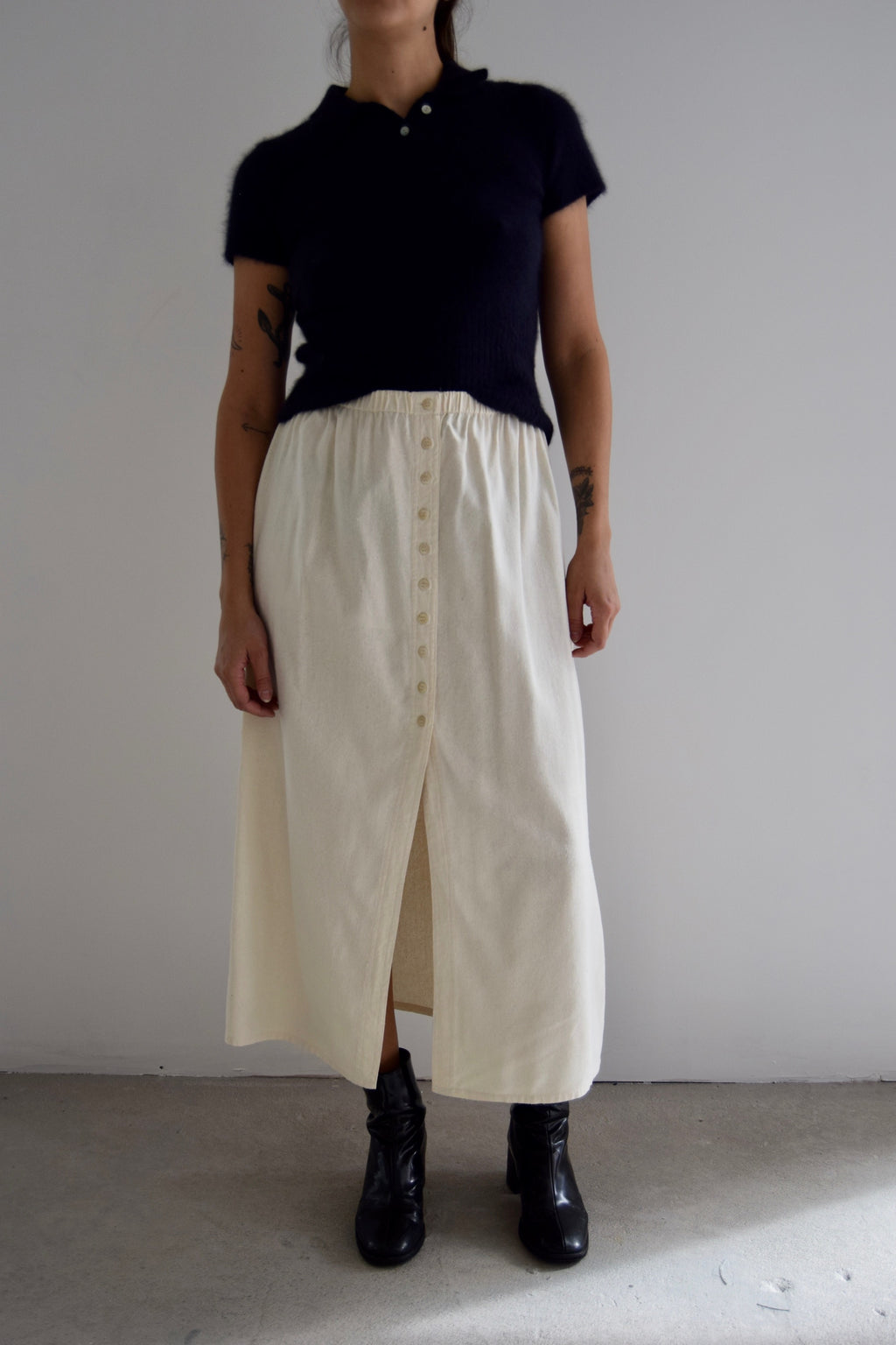 Ivory Raw Silk Button Down Skirt