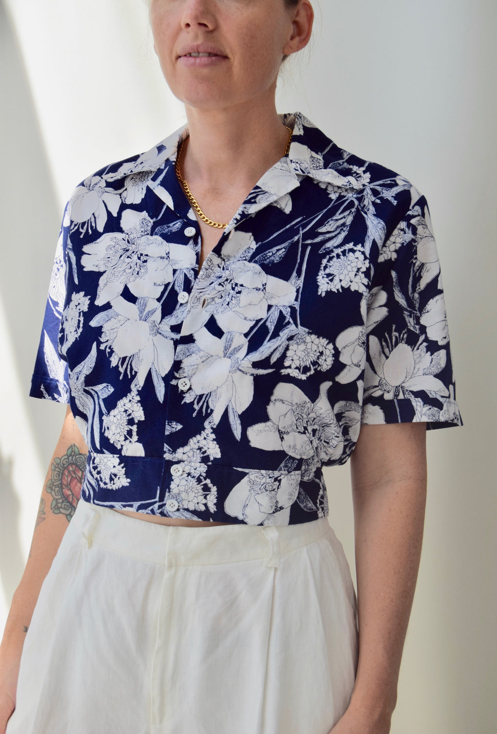 Cropped Navy and Floral Cotton Blouse