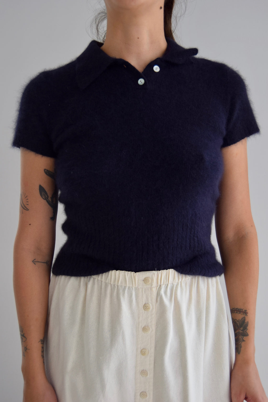 Navy Angora Short Sleeve Collared Sweater