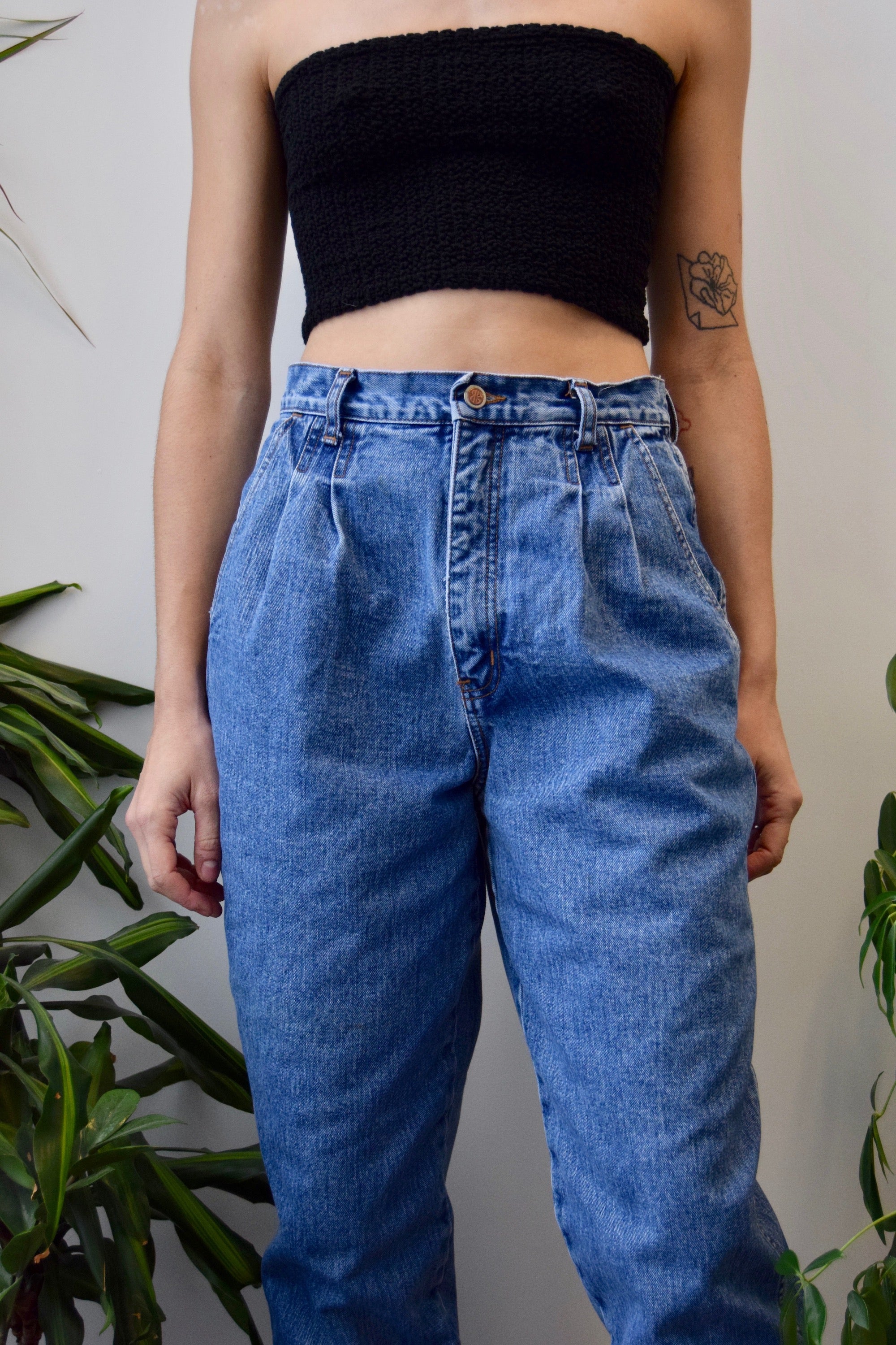 Pleated Mid Wash Jeans