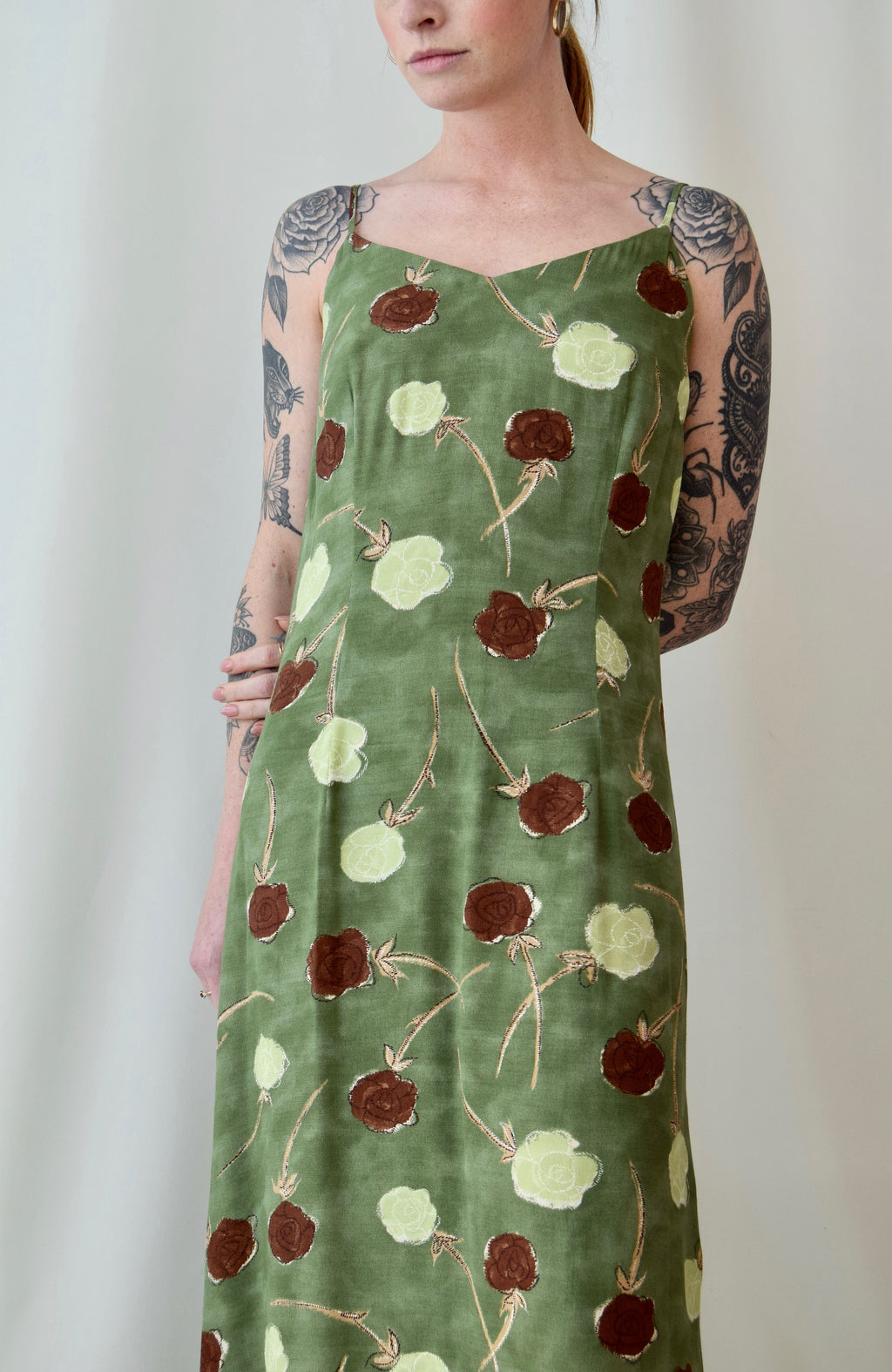 90's Jacob Green and Brown Floral Maxi Dress