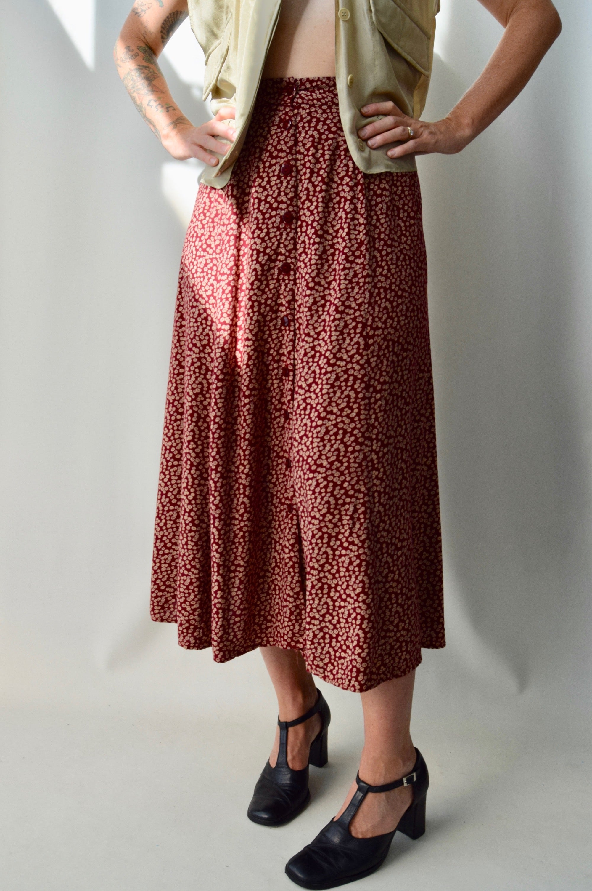 Micro Floral Rayon Button Down Skirt