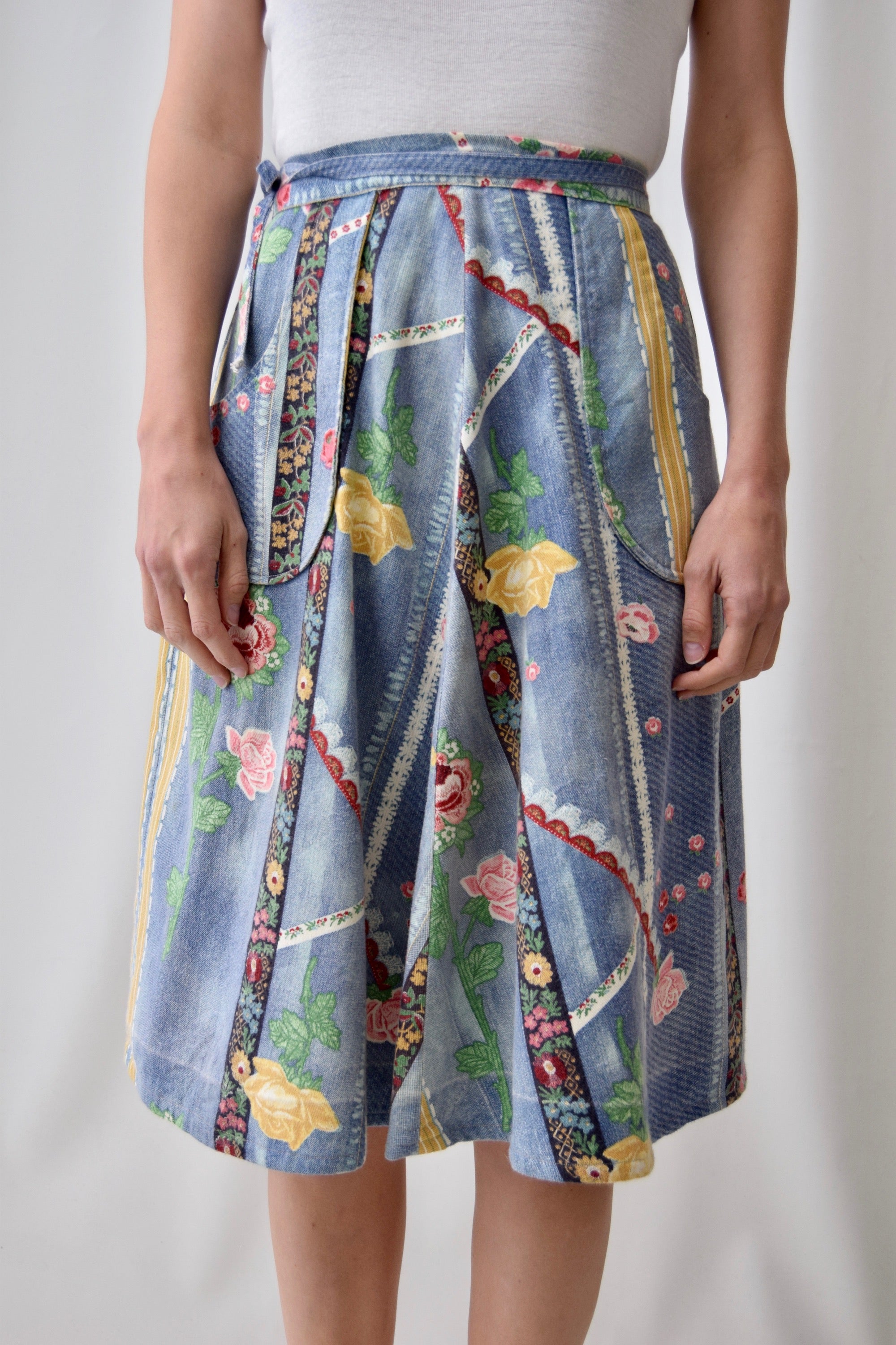 Vintage Faux Denim Floral Wrap Skirt