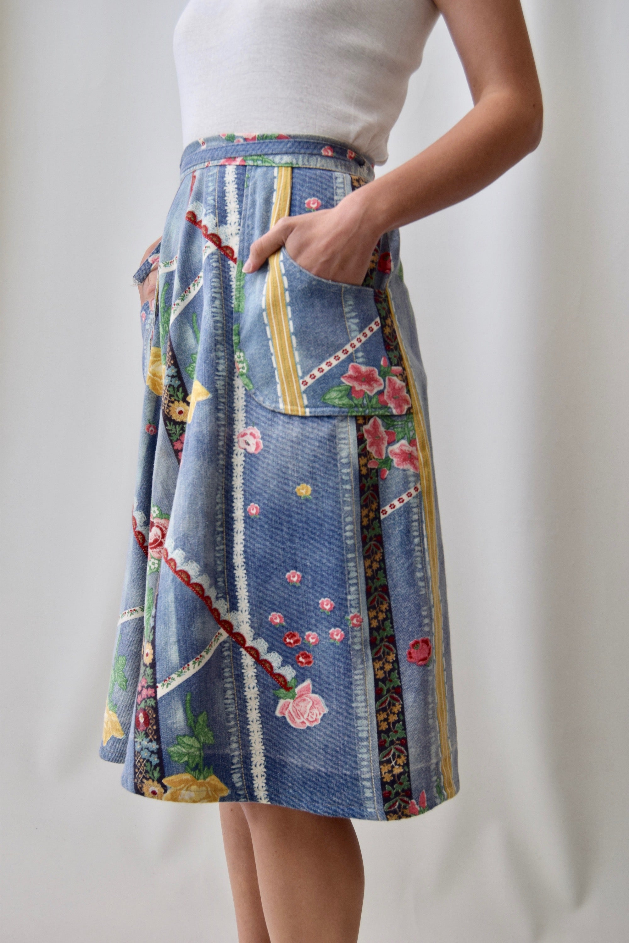 Vintage Faux Denim Floral Wrap Skirt