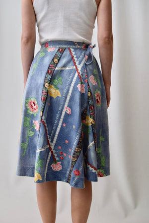 Vintage Faux Denim Floral Wrap Skirt