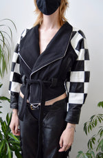Leather Checkered Cropped Bomber Jacket