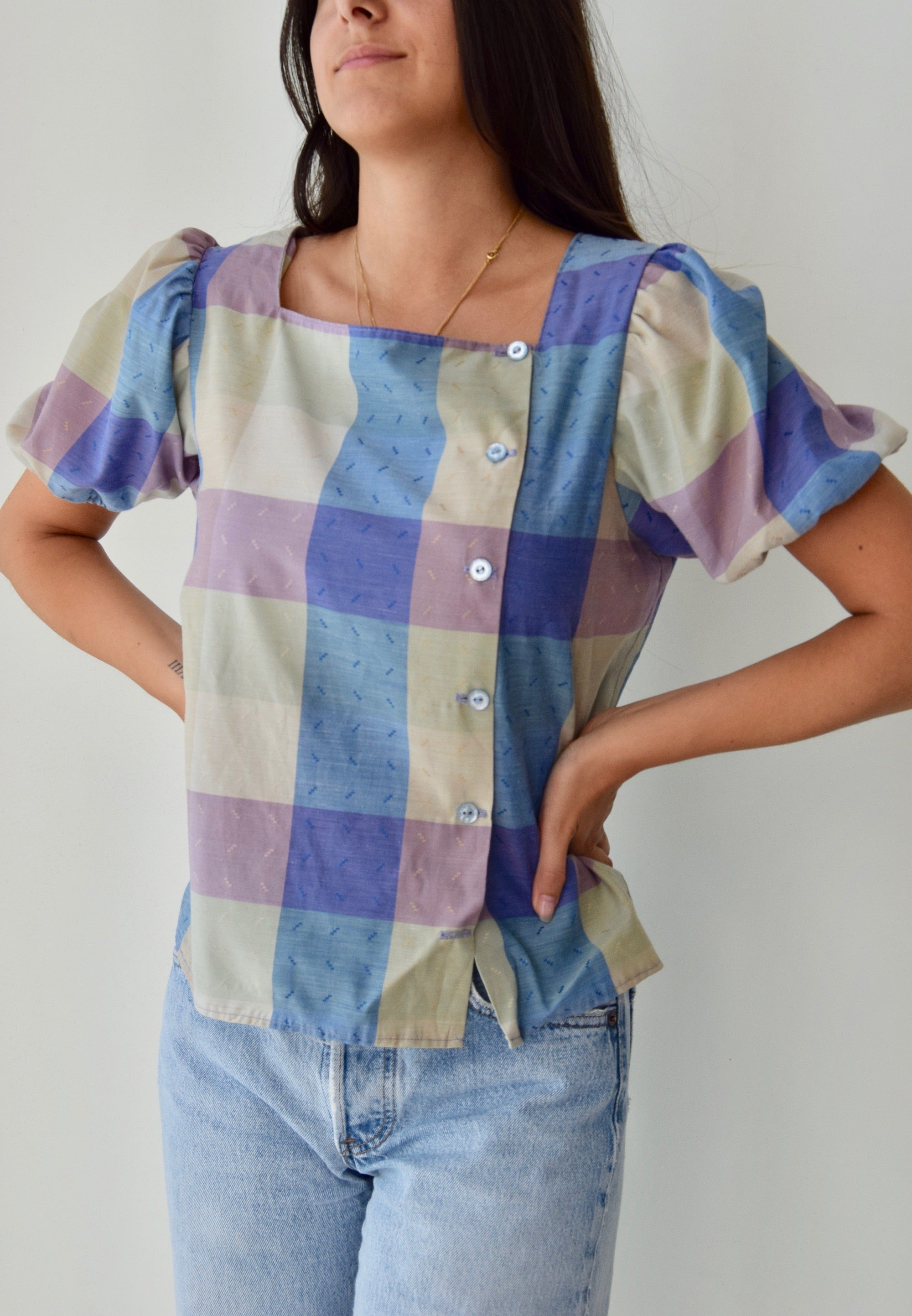Boxy Muted Plaid Puff Sleeve Top