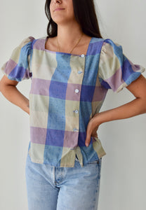 Boxy Muted Plaid Puff Sleeve Top