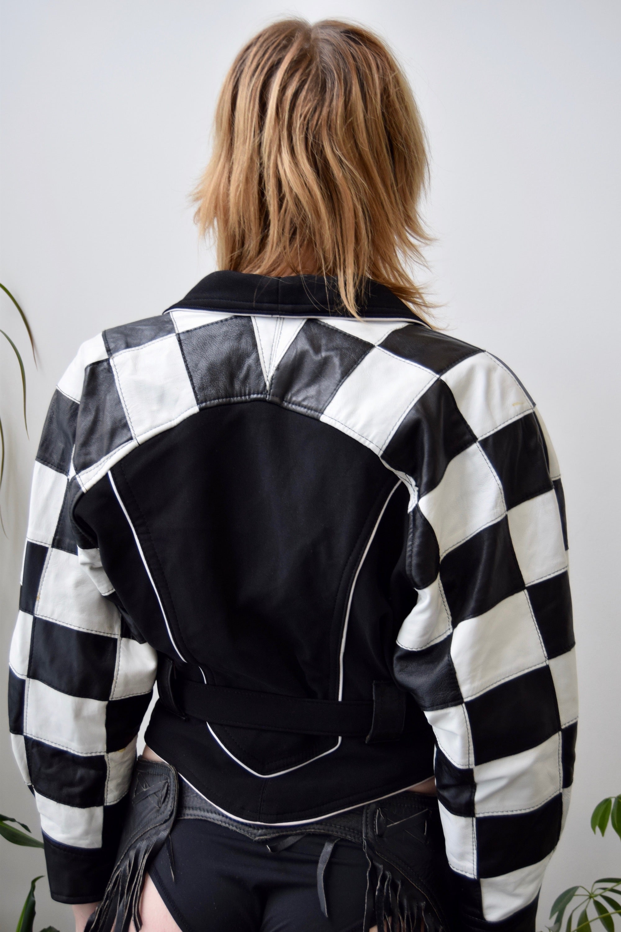 Leather Checkered Cropped Bomber Jacket