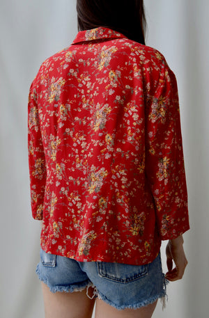 Red Silk Floral Cropped Sleeve Top