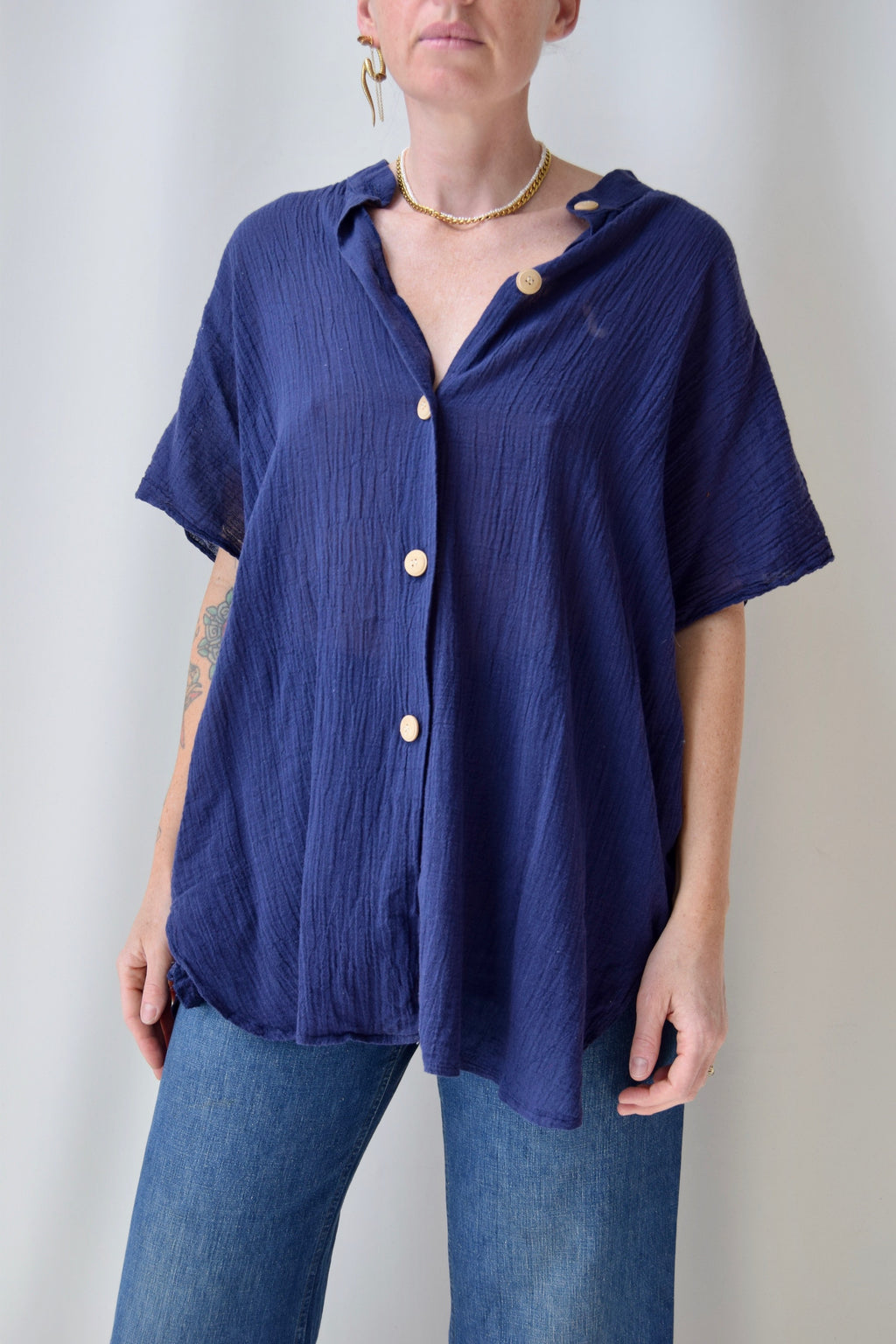 Navy Gauze Cotton Tunic Top