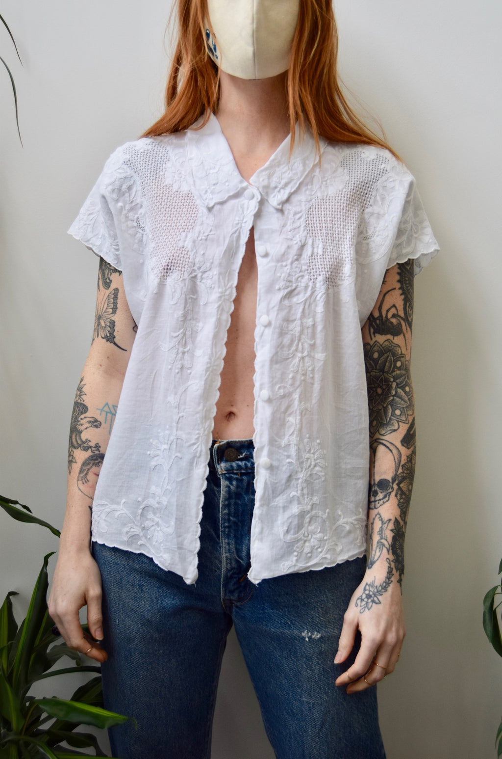 Floral Embroidered Eylet Linen Blouse