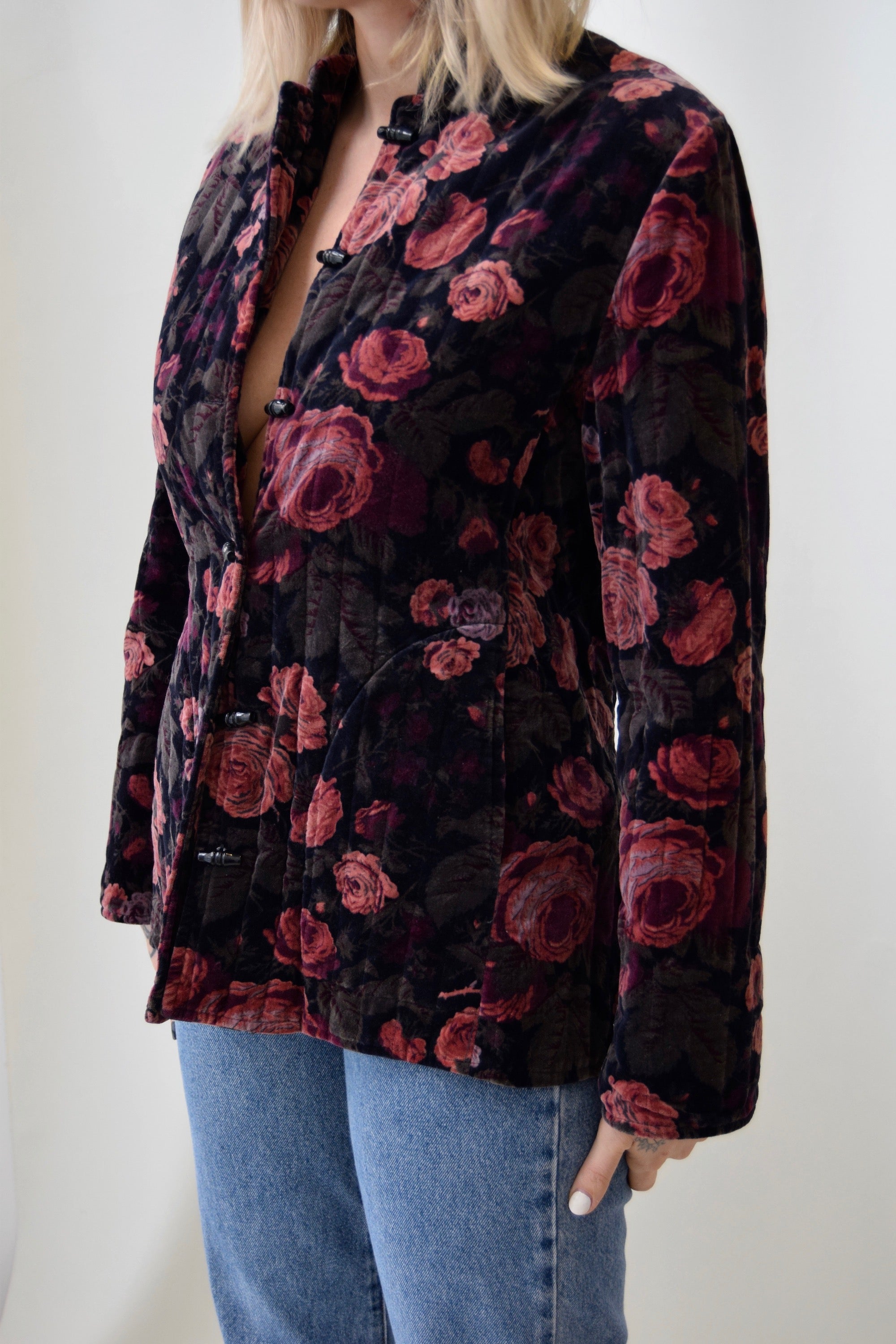 Vintage 70's Velveteen Quilted Dusty Rose Printed Jacket