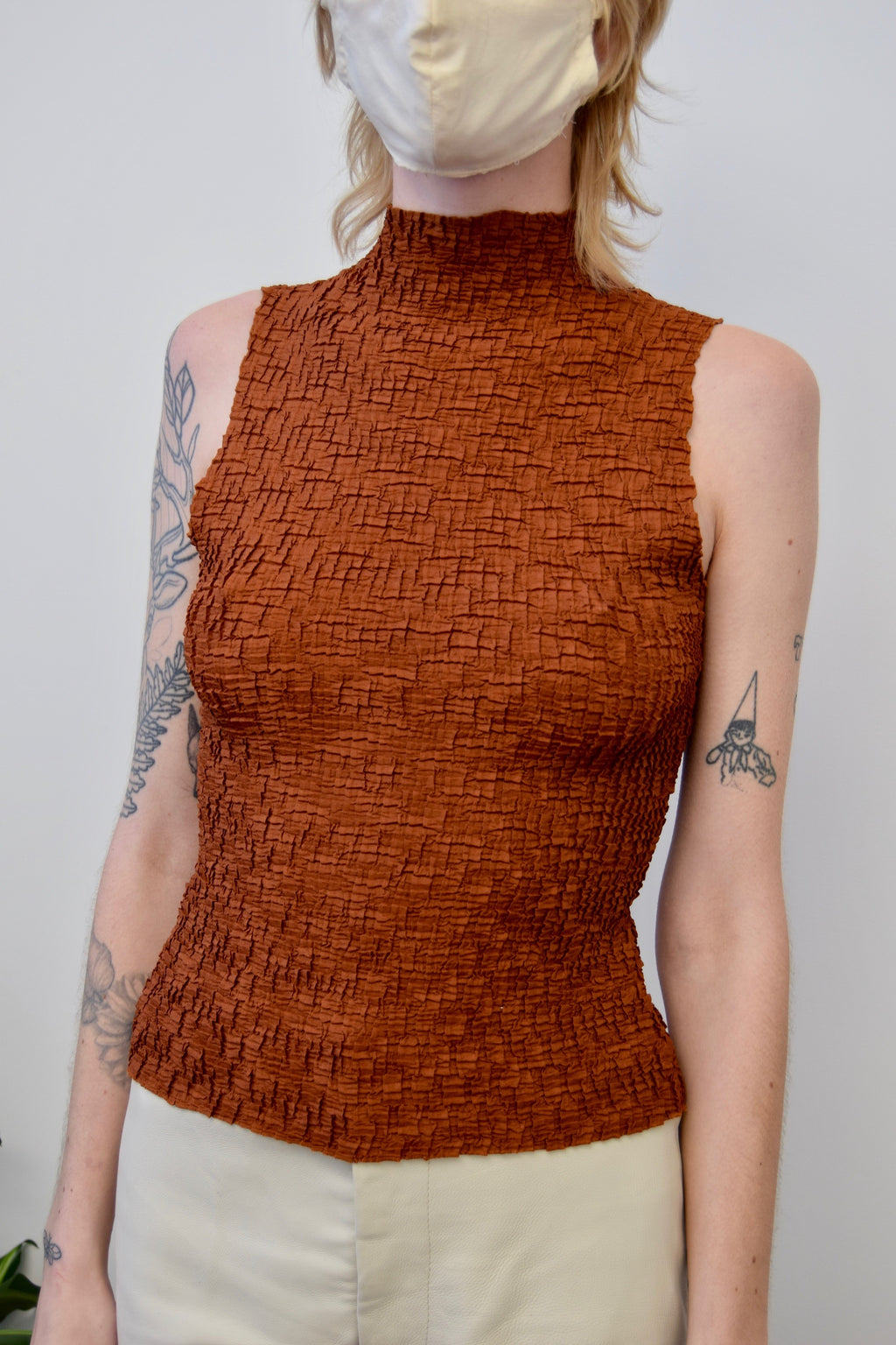 Caramel Crinkle Mock Neck Top