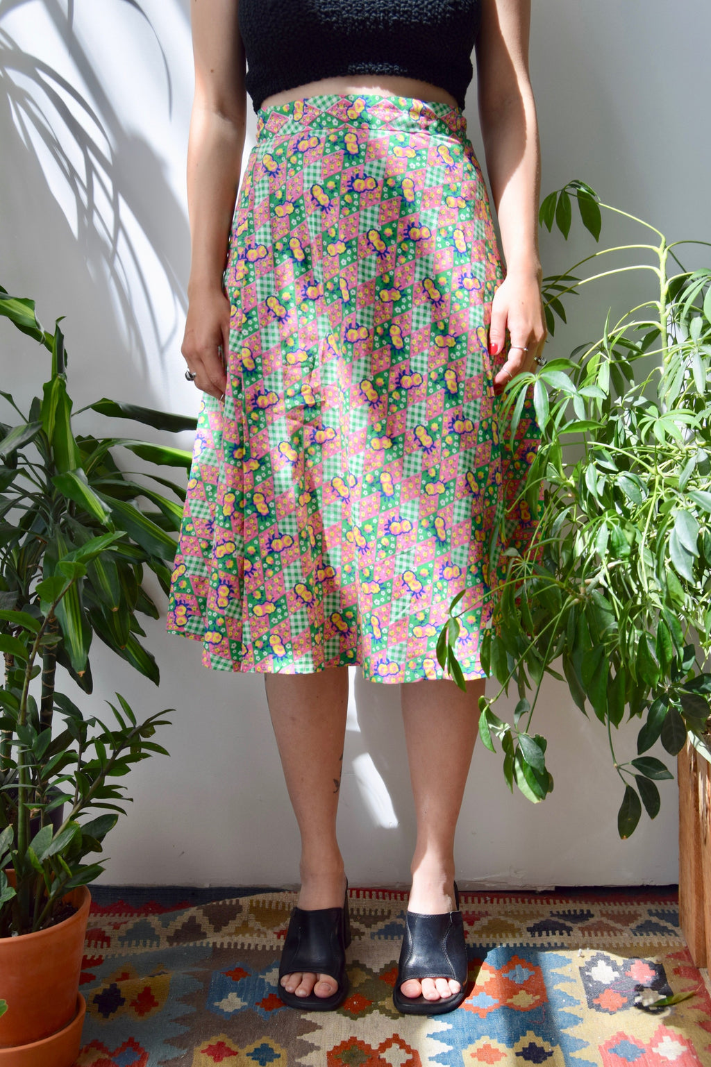 Seventies Gingham Floral Wrap Skirt