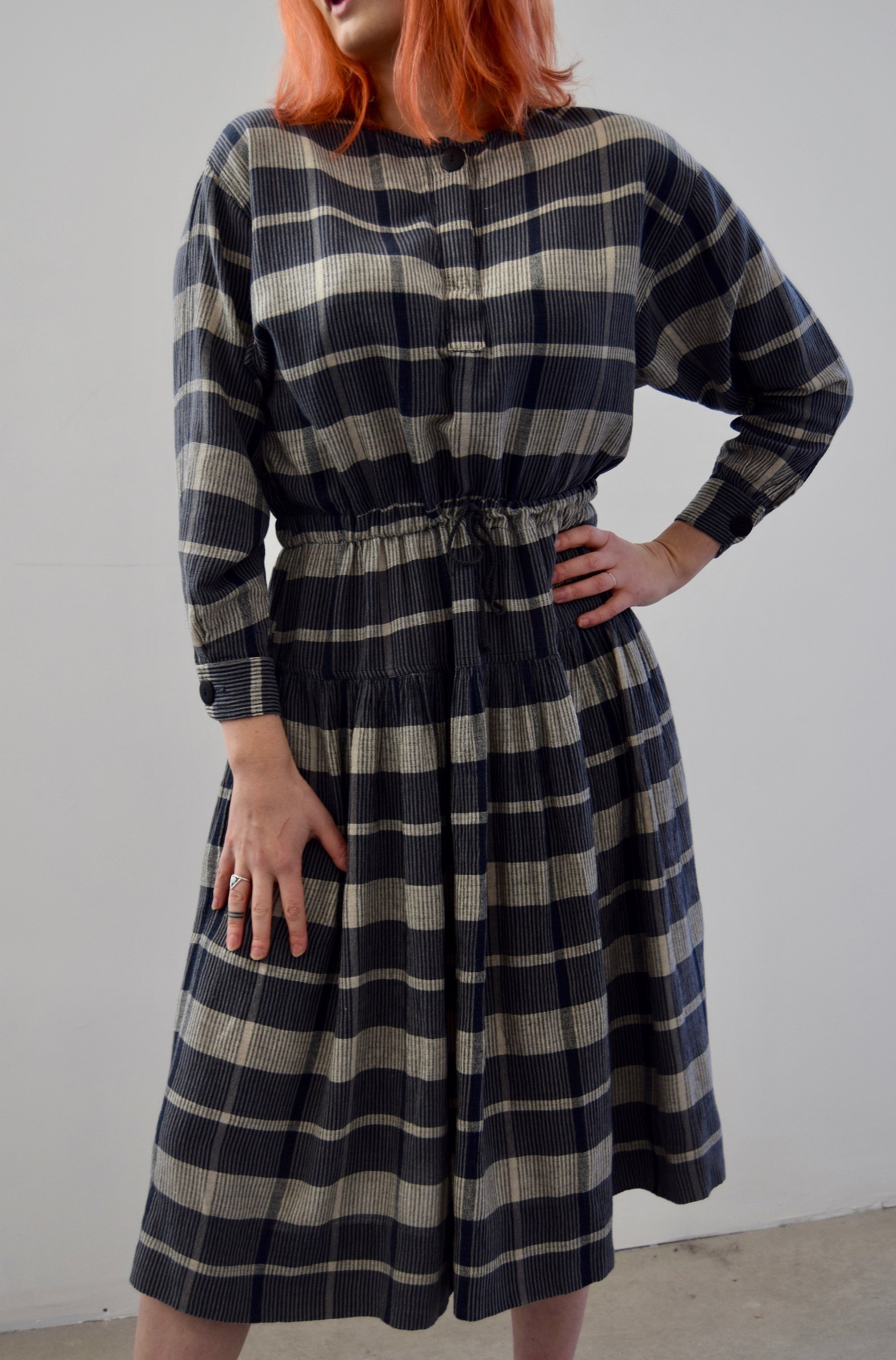 Steel Blue and Grey Plaid Cotton Dress