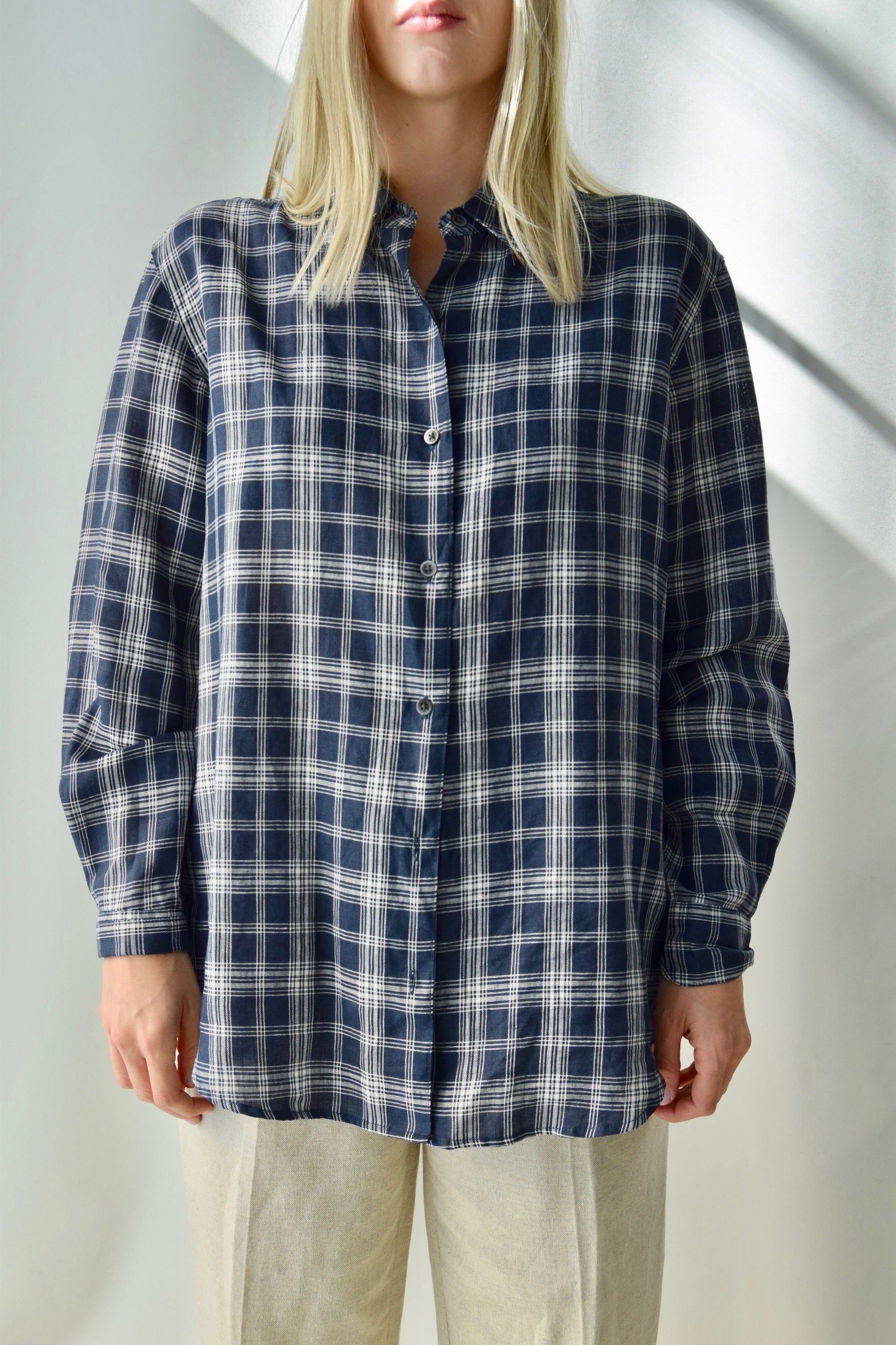 Navy Plaid Linen Top