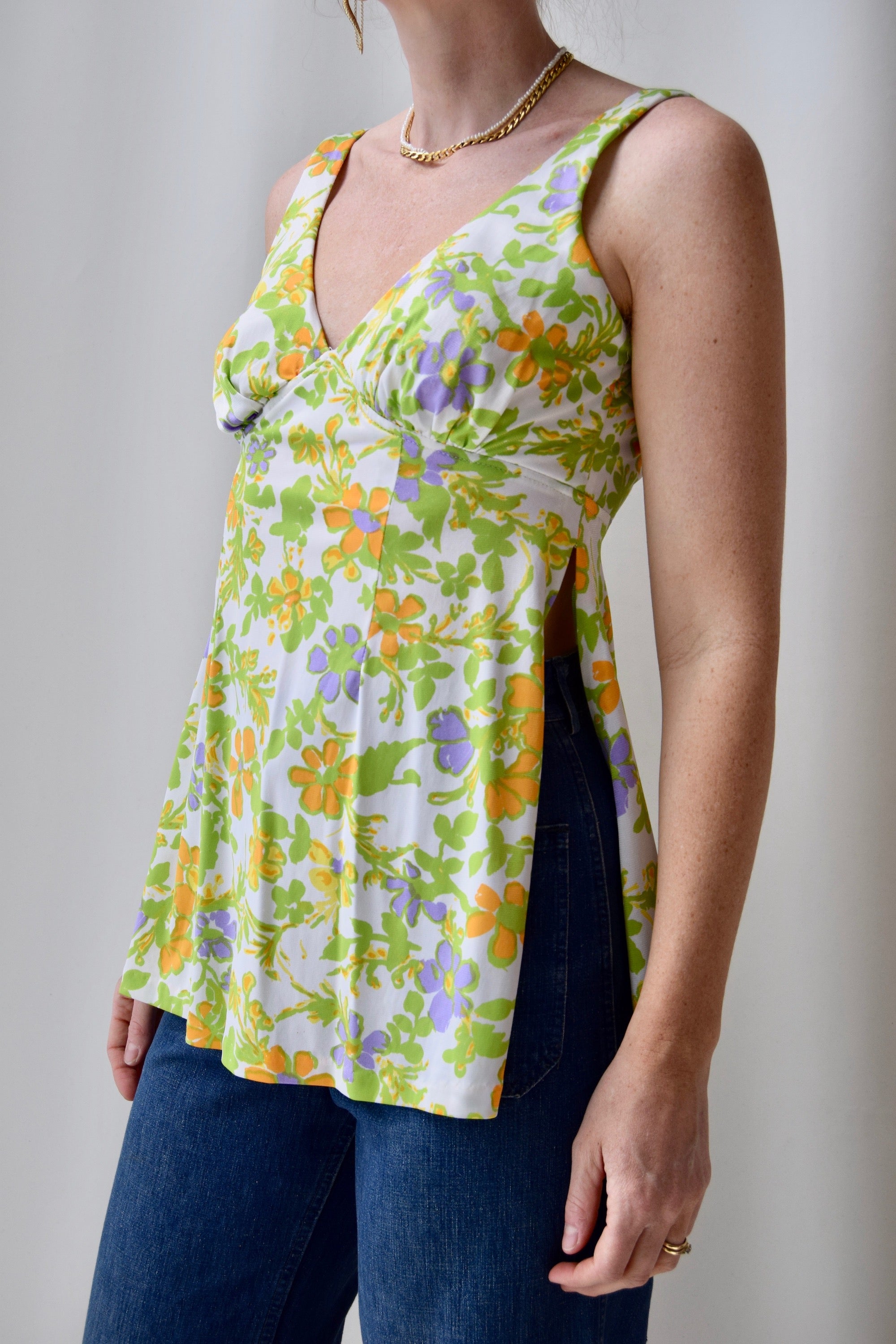 1970's Floral Side Slit Tunic Top