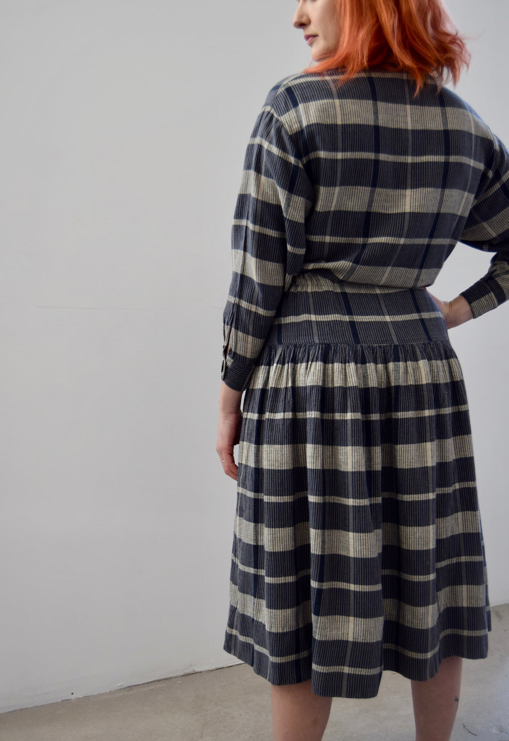 Steel Blue and Grey Plaid Cotton Dress