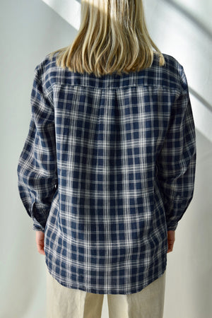 Navy Plaid Linen Top