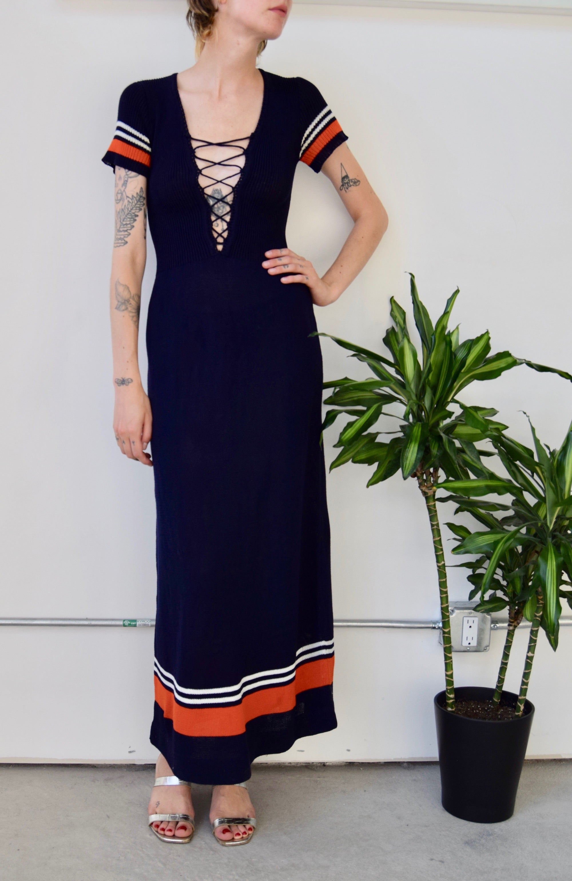Seventies Plunging Navy Knit Maxi Dress