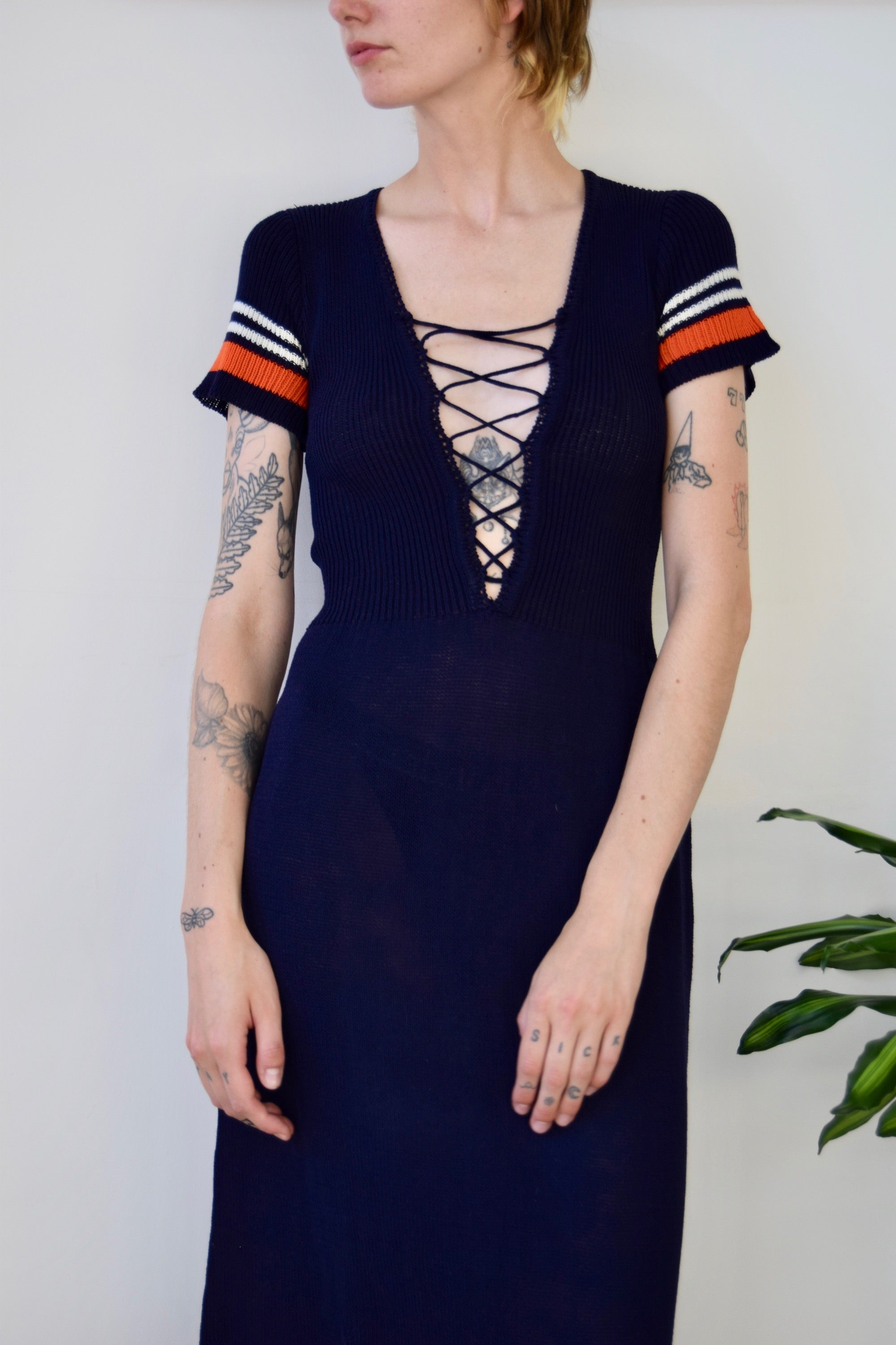 Seventies Plunging Navy Knit Maxi Dress