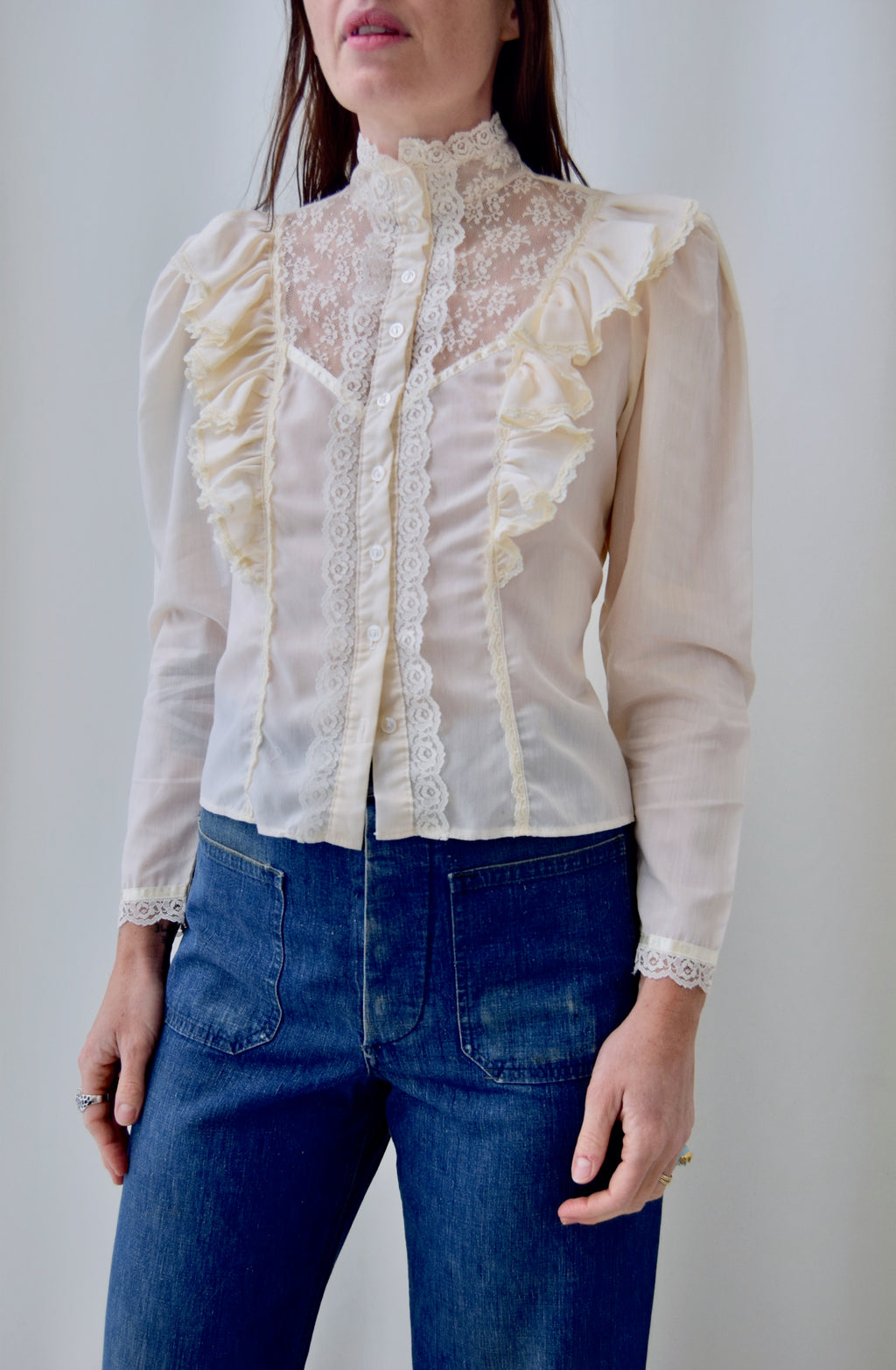 1980's Cream Ruffled Lace Blouse