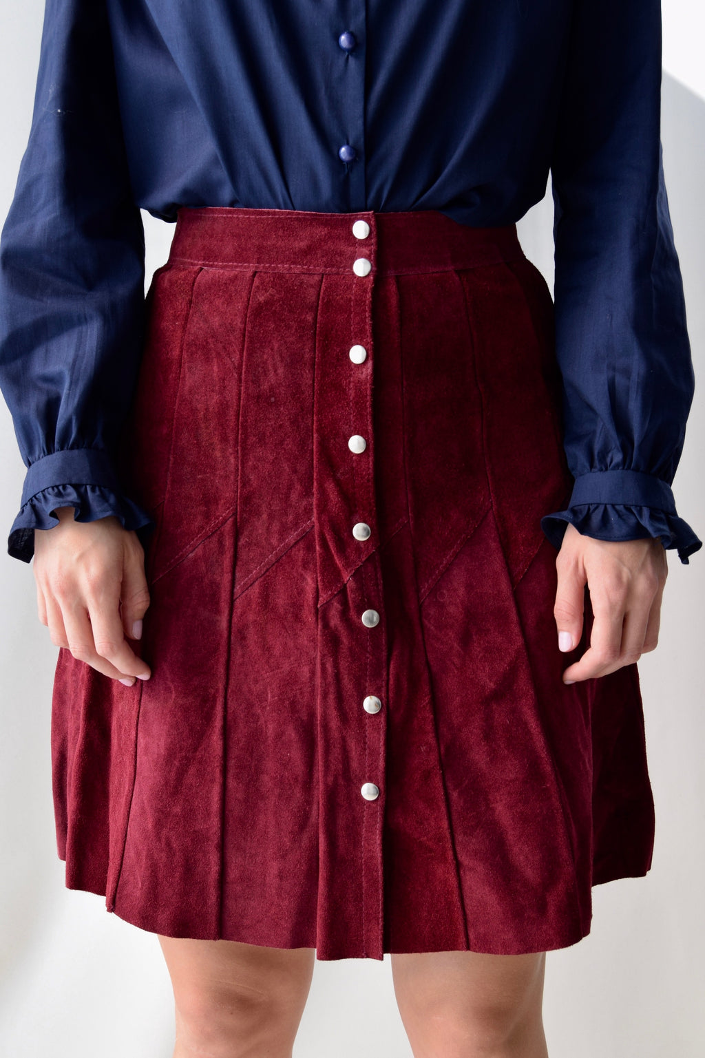 Seventies Plum Suede Snap Front Skirt