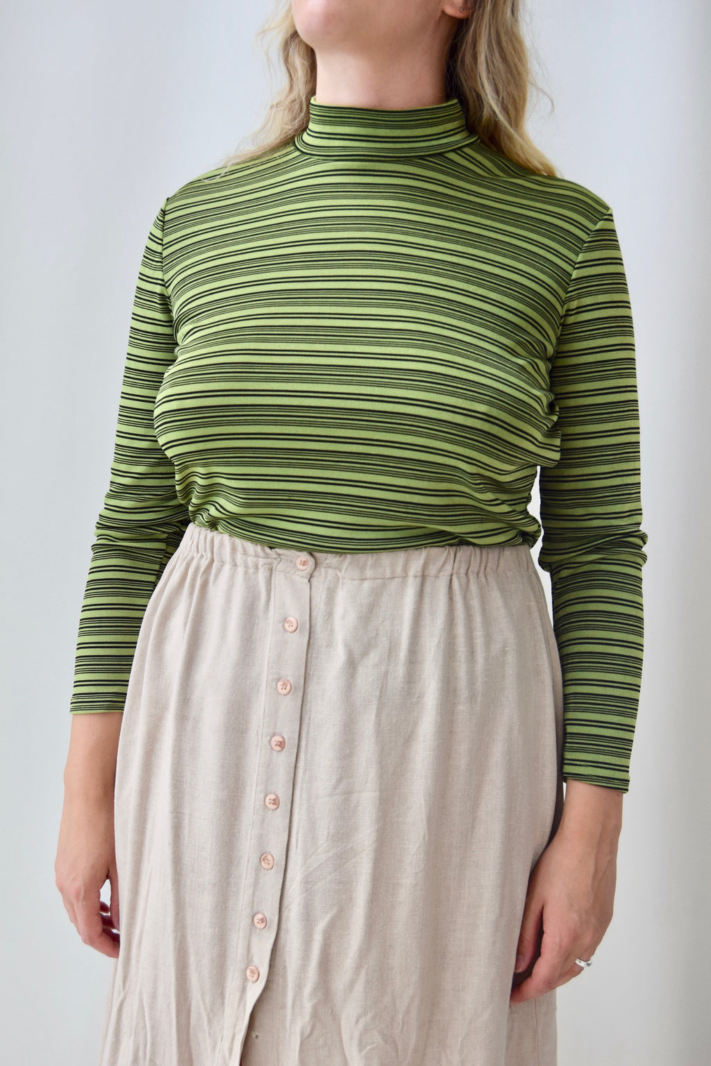 Slinky Green Striped Mock Neck Top