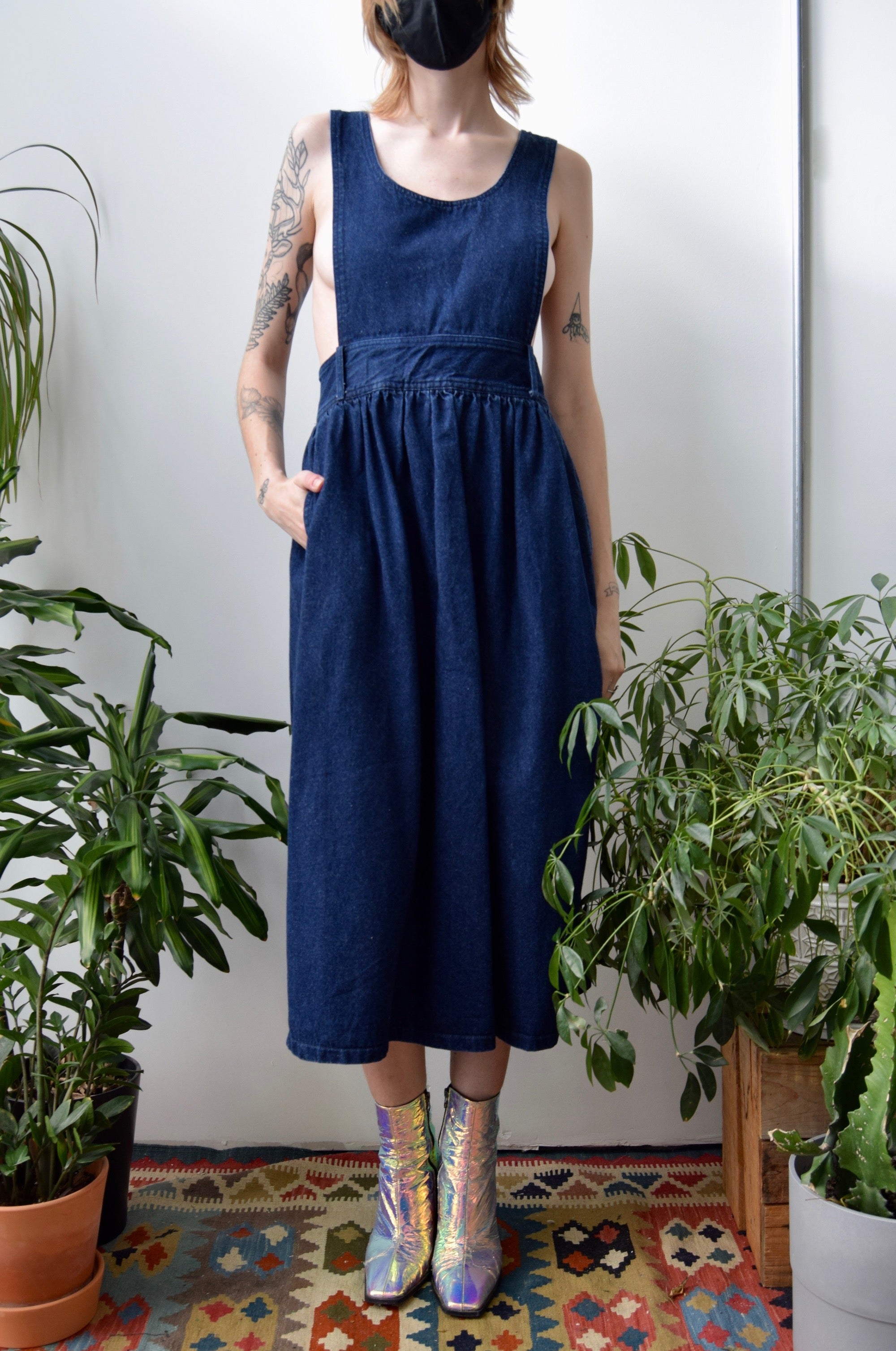 Eighties Dark Wash Denim Pinafore Dress