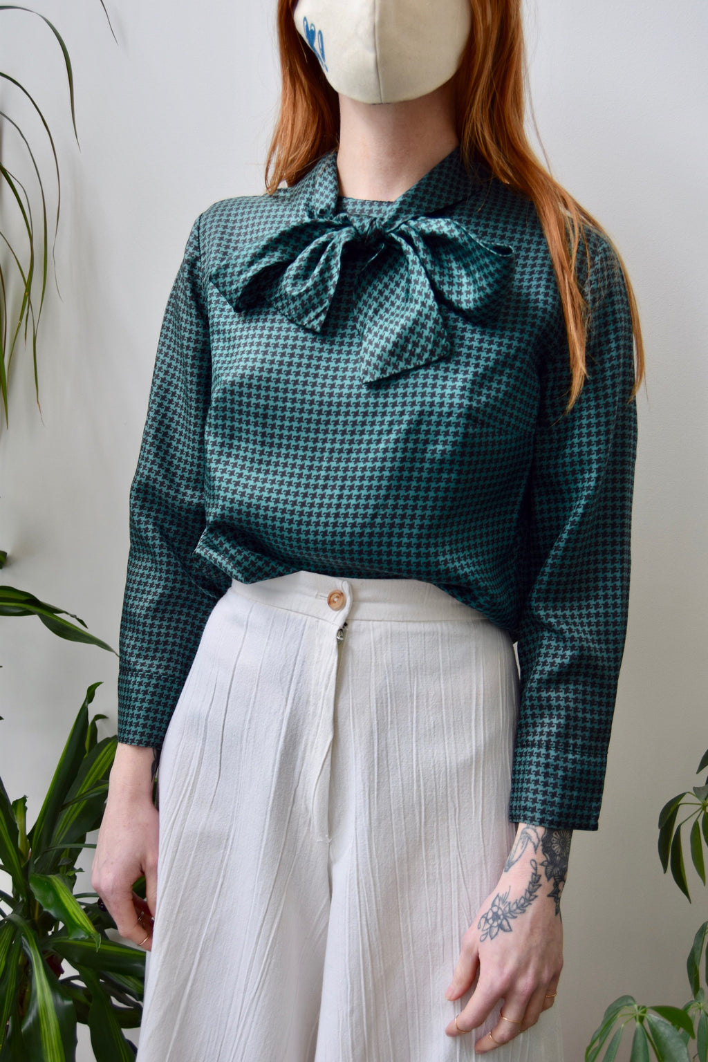 Emerald Houndstooth Pussy Bow Top