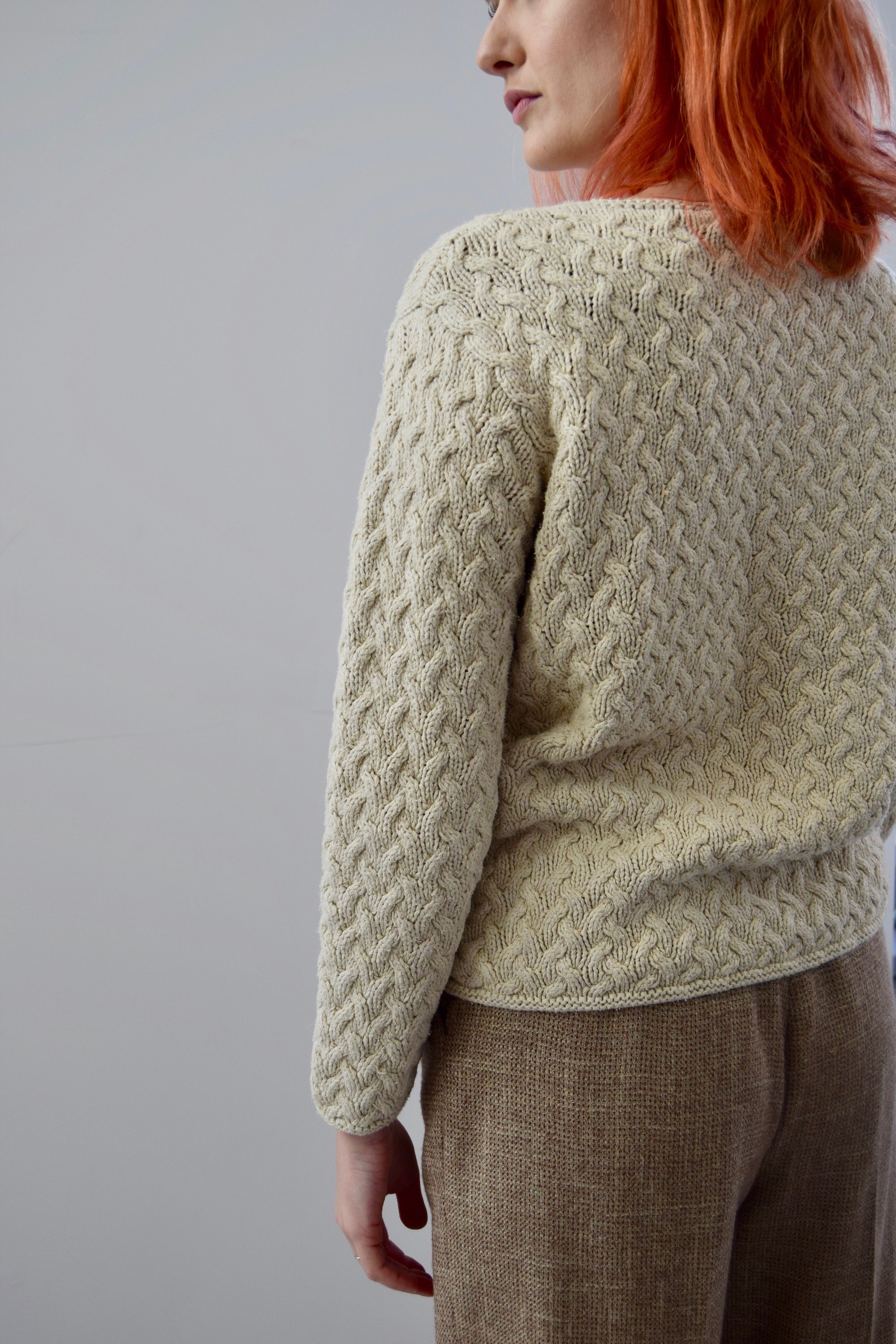Ivory Silk and Linen Blend Cable Knit Sweater