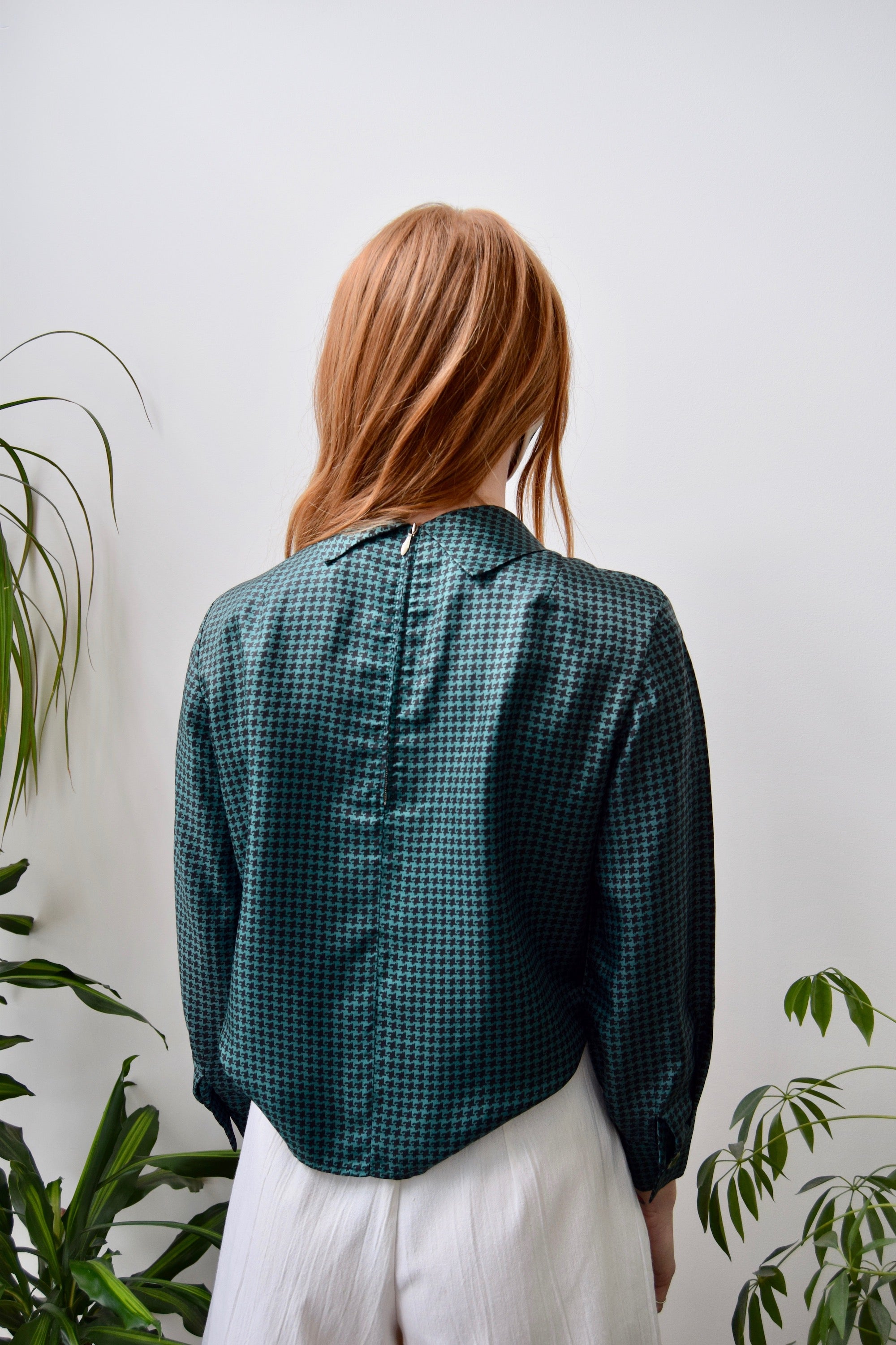 Emerald Houndstooth Pussy Bow Top