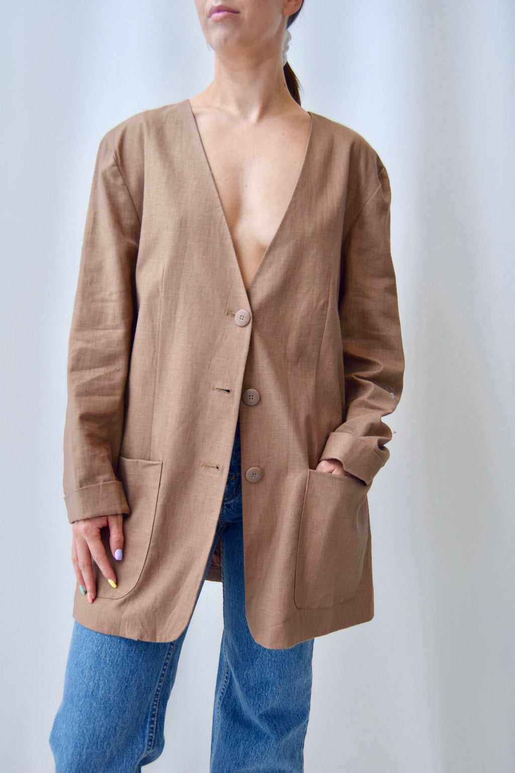 Linen Blend Collarless Blazer