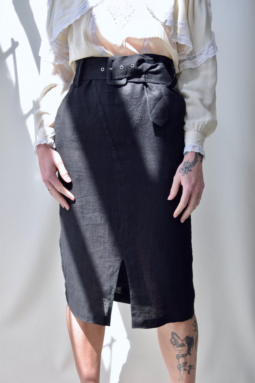 Belted Linen Pencil Skirt