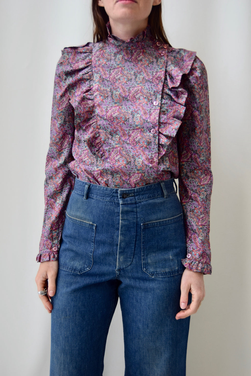 Silky Poly Paisley Purple Ruffle Blouse