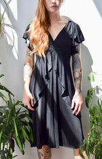 Seventies Flutter Ruffle Black Dress