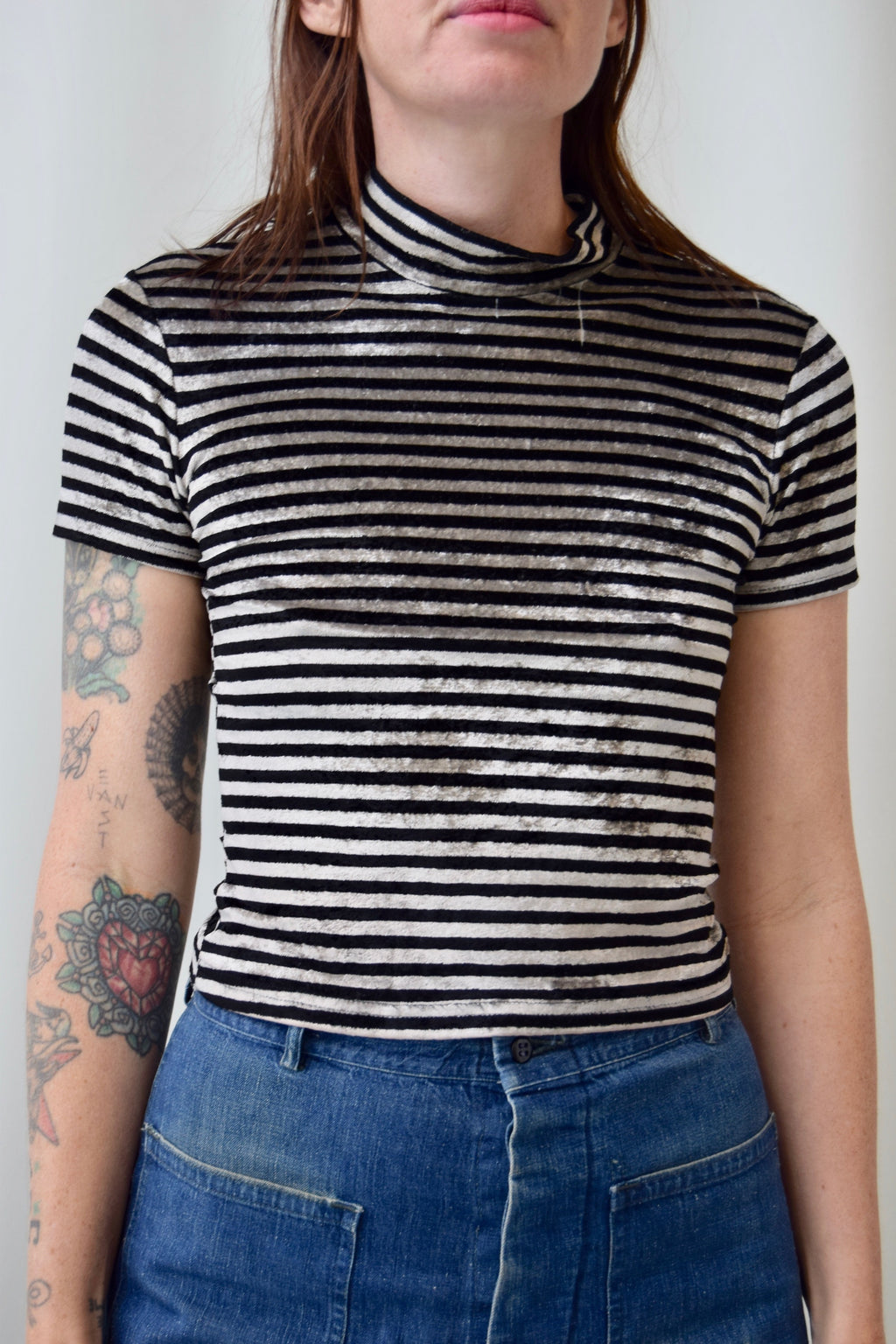 Crushed Velvet Mock Neck Striped Tee