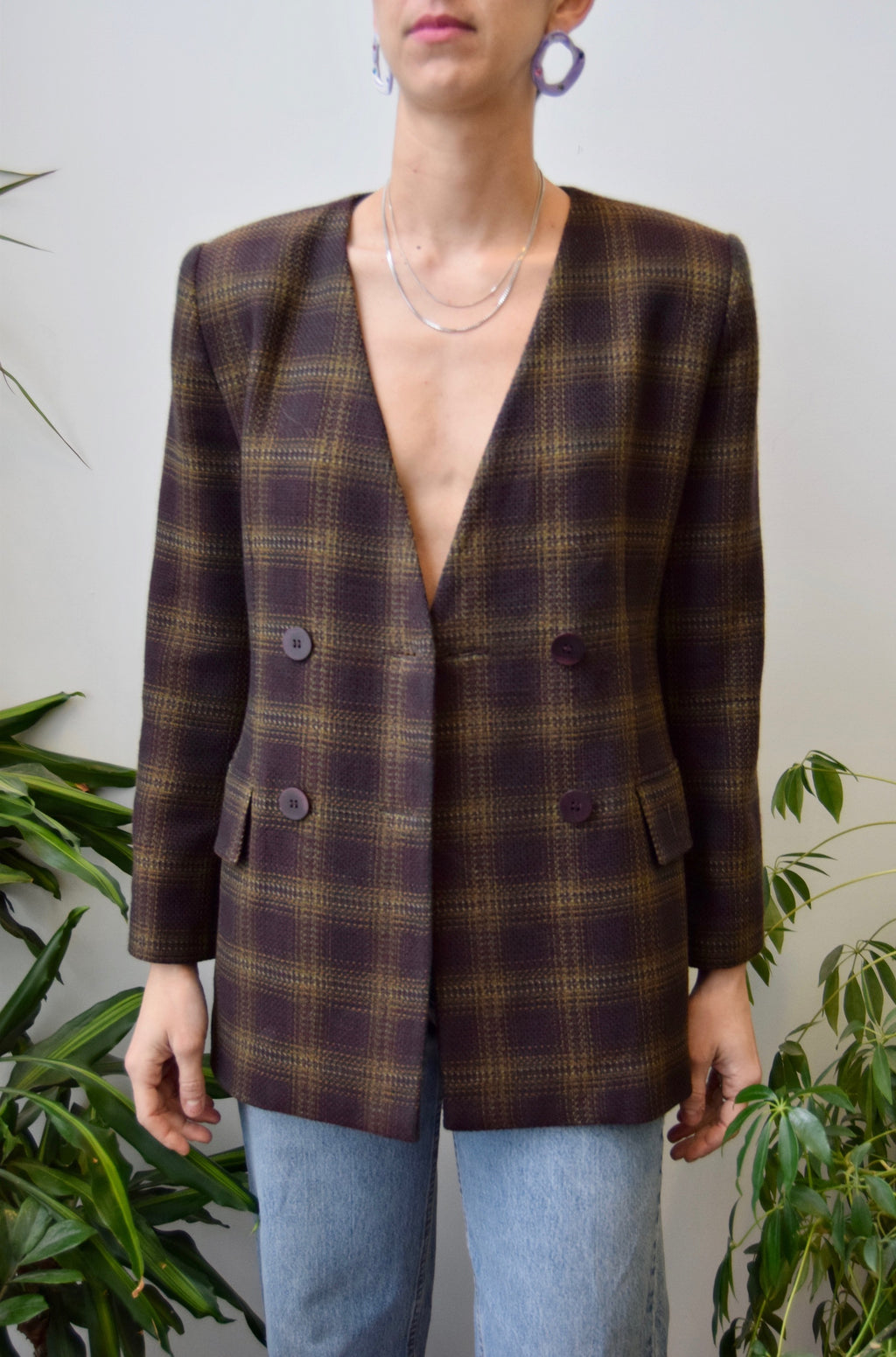 Aubergine Plaid Wool Blazer