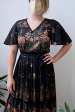 Seventies Black Flutter Sleeve Floral Dress