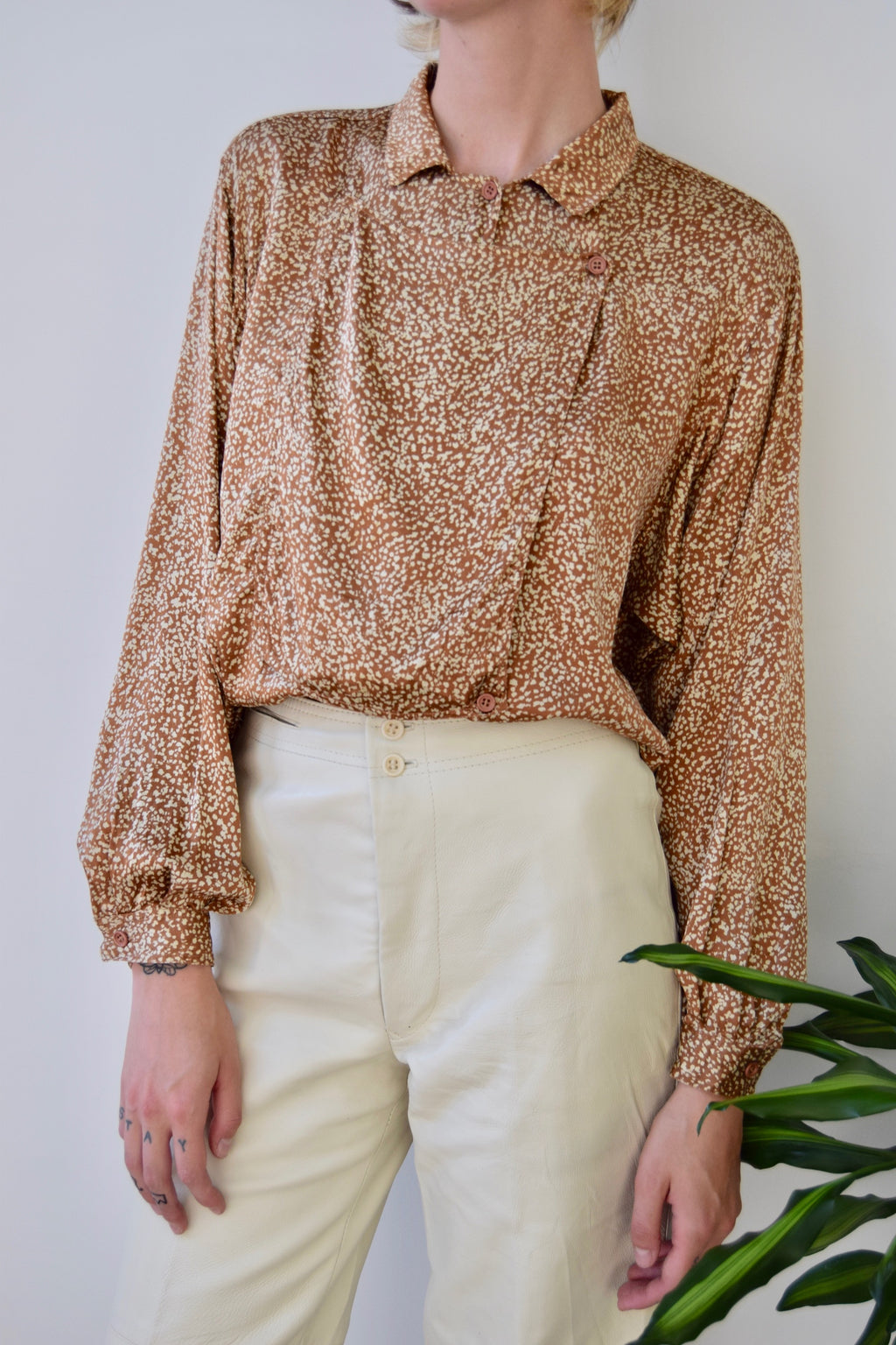 Eighties Pebbled Brown Italian Silk Top