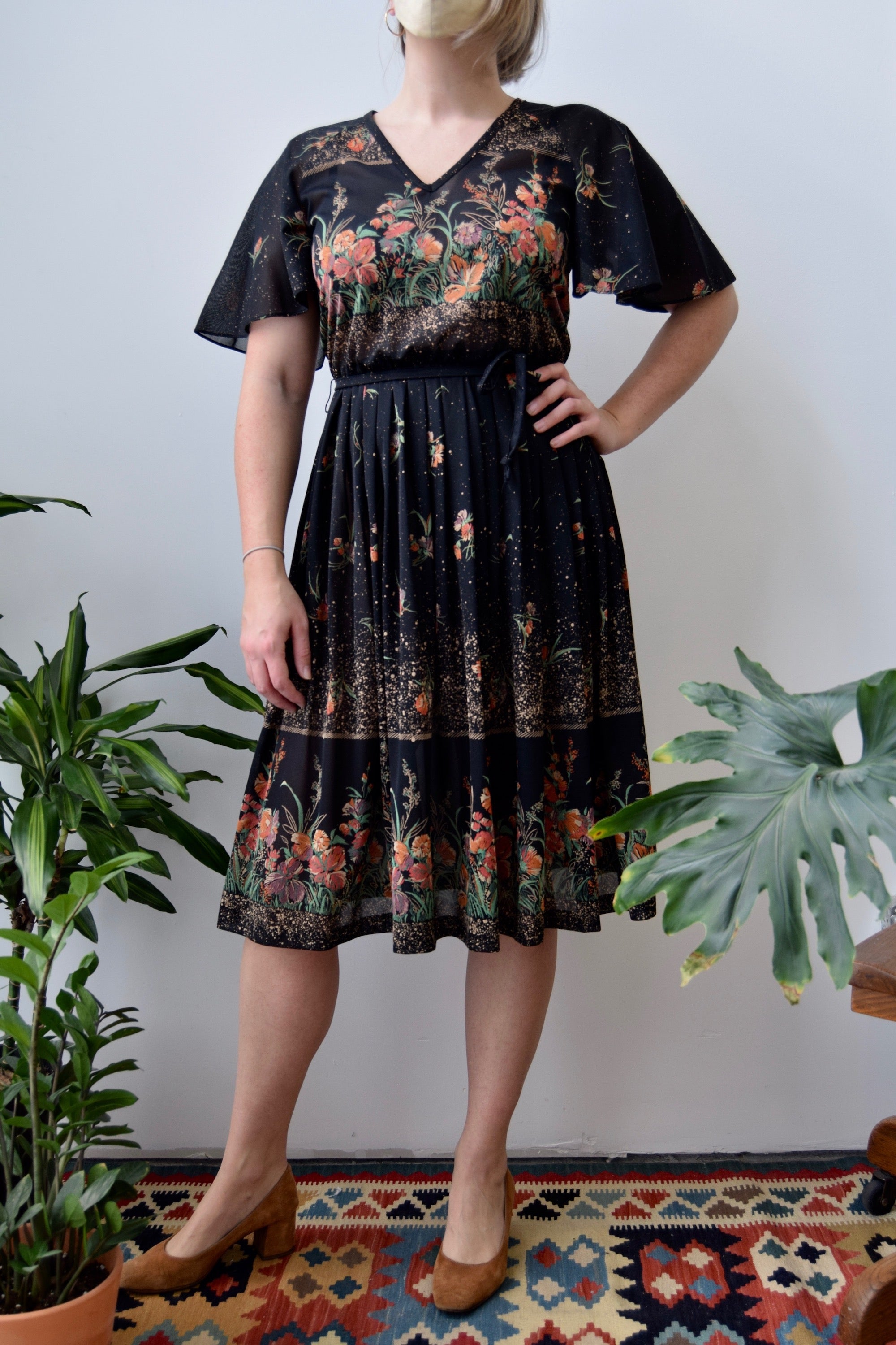 Seventies Black Flutter Sleeve Floral Dress